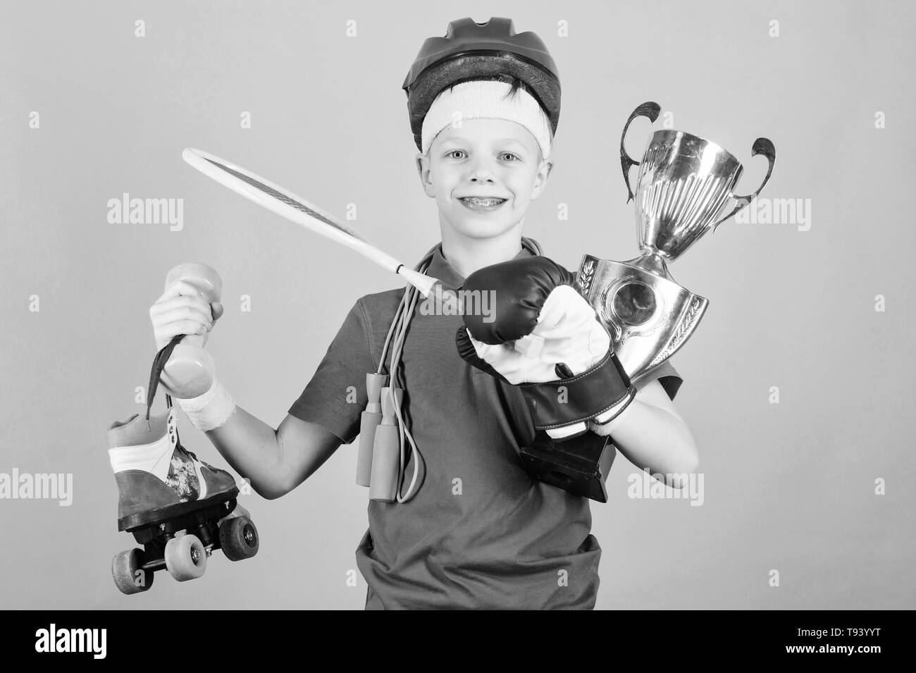 Succeed in everything. Athlete successful boy sport equipment jump rope