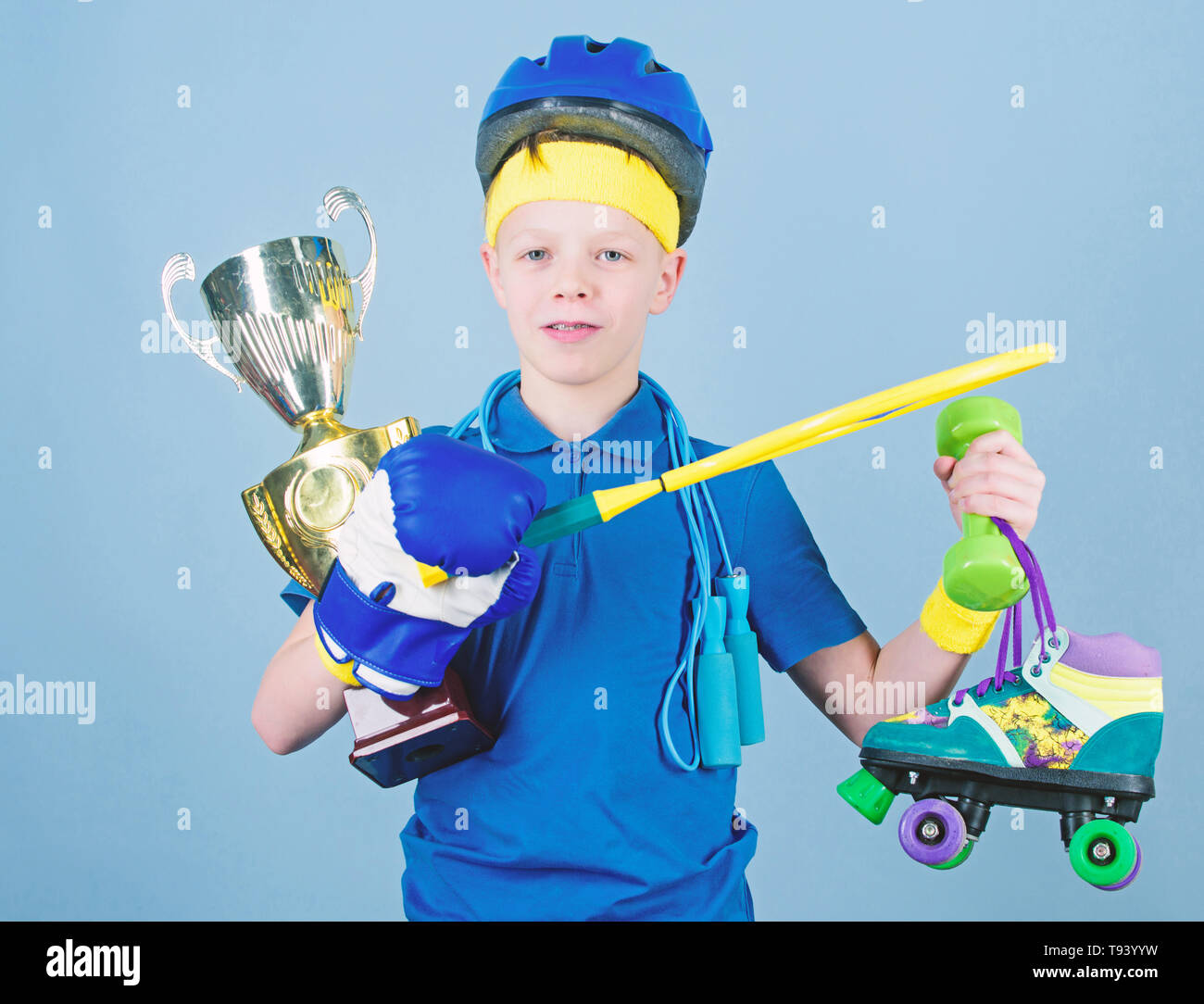 Athlete successful boy sport equipment jump rope boxing glove tennis