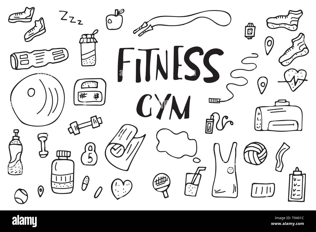 Sport Activities Tools Symbols In Doodle Style Fitness Vector