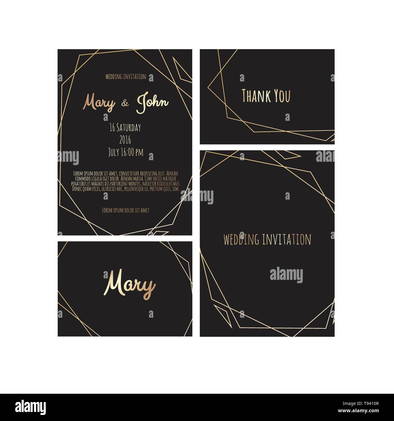 Wedding Invitation, invite card design with Geometrical art lines, gold foil border, frame. Vector modern geometric abstract template layout. Stock Vector