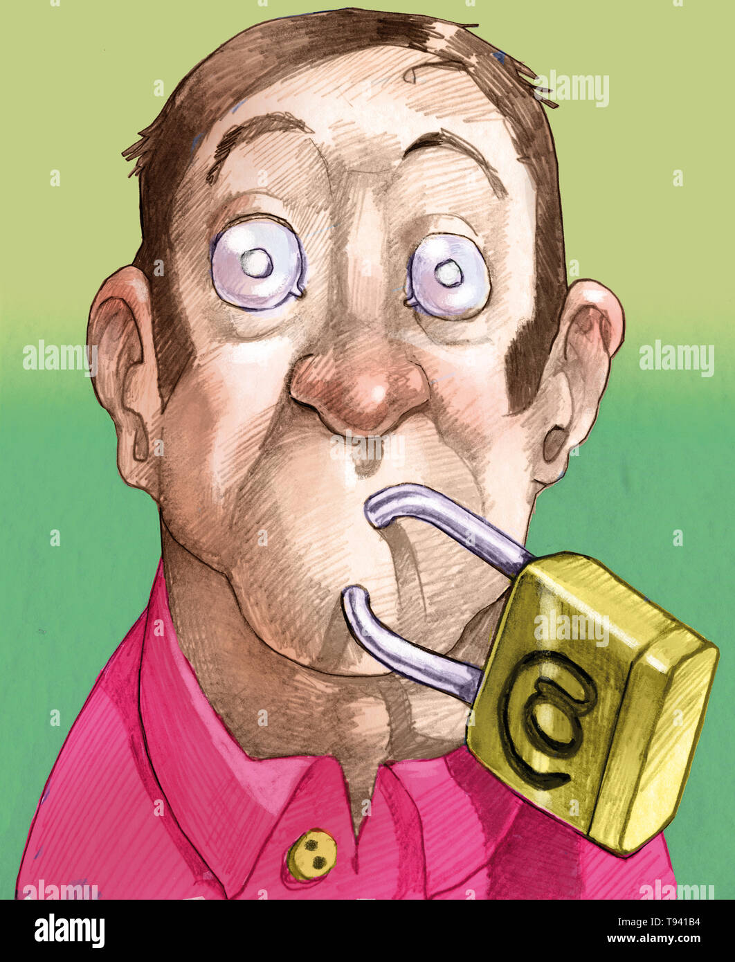 close-up of surprised and desperate looking man with padlock to close the mouth and censorship Stock Photo