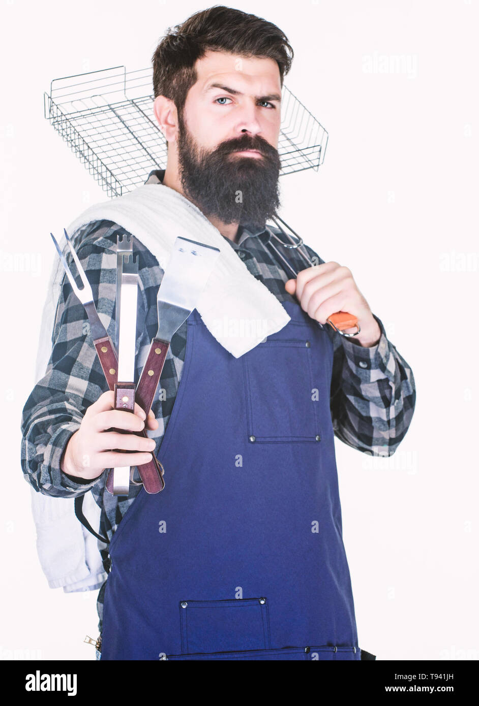 Welcome To My Bbq Confident Grill Cook Bearded Man Holding Grilling Basket And Tools For 