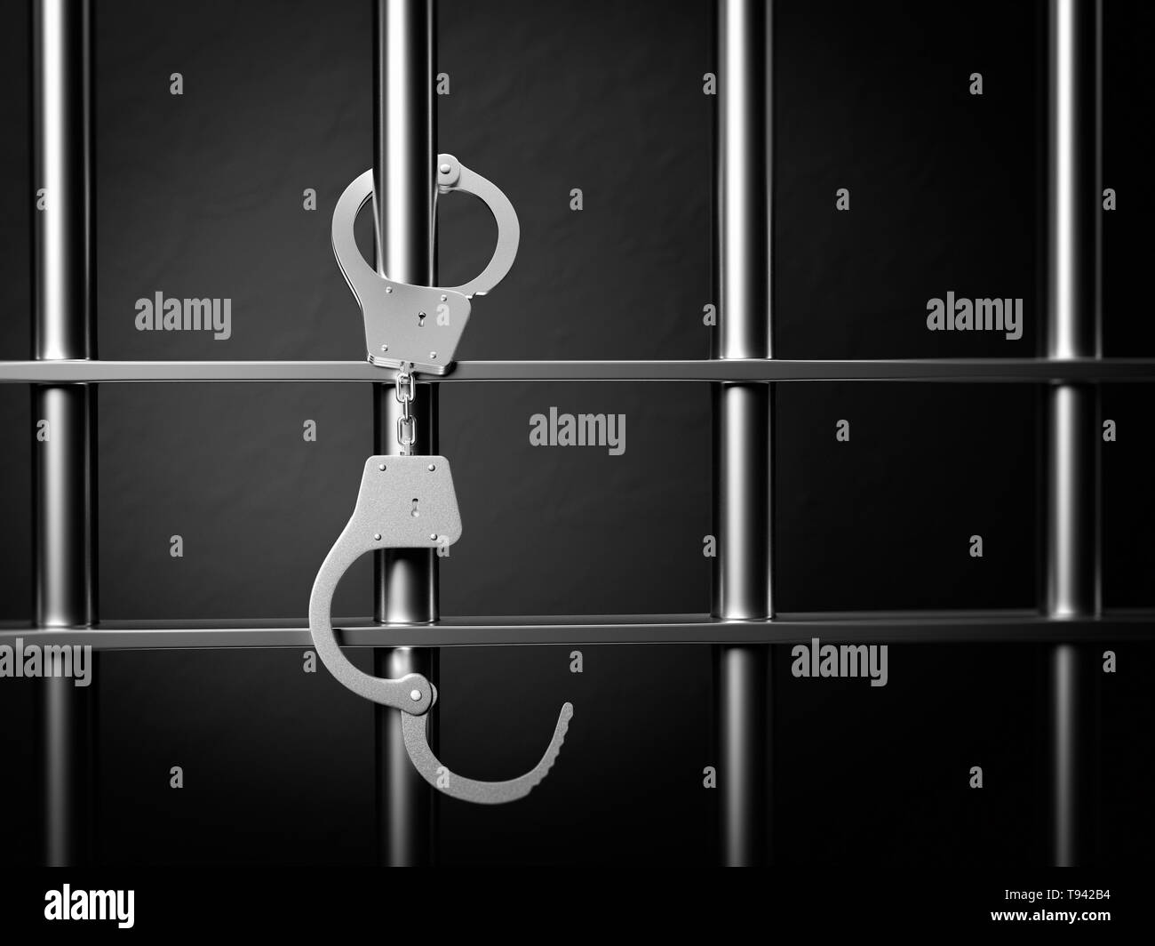 Handcuffs hanging on prison metal bars. Prison break background. 3d rendering illustration. Stock Photo
