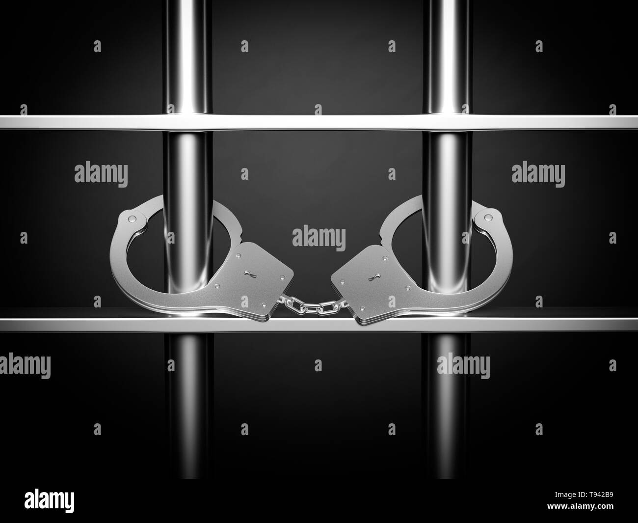 Handcuffs closed on prison metal bars. Criminal background. 3d rendering illustration. Stock Photo