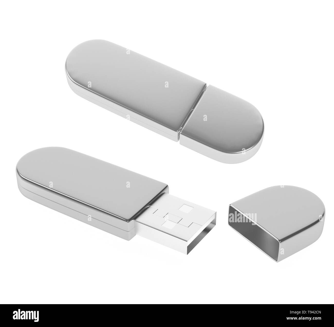 USB stick. Metal digital storage accessory. 3d rendering illustration isolated on white background Stock Photo