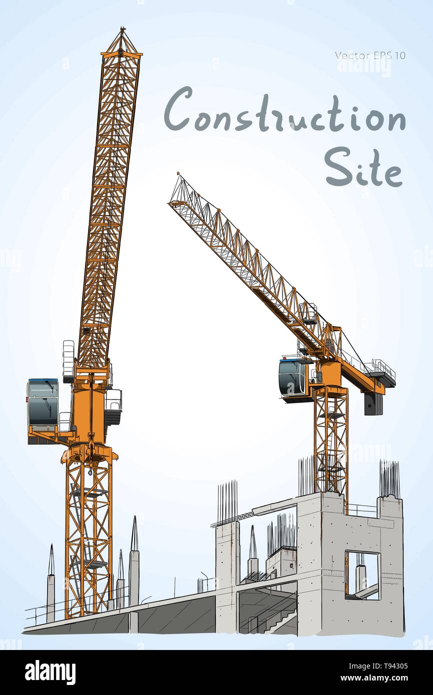 Construction site and two moder tower cranes. City. Hand draw sketch vector illustration Stock Vector