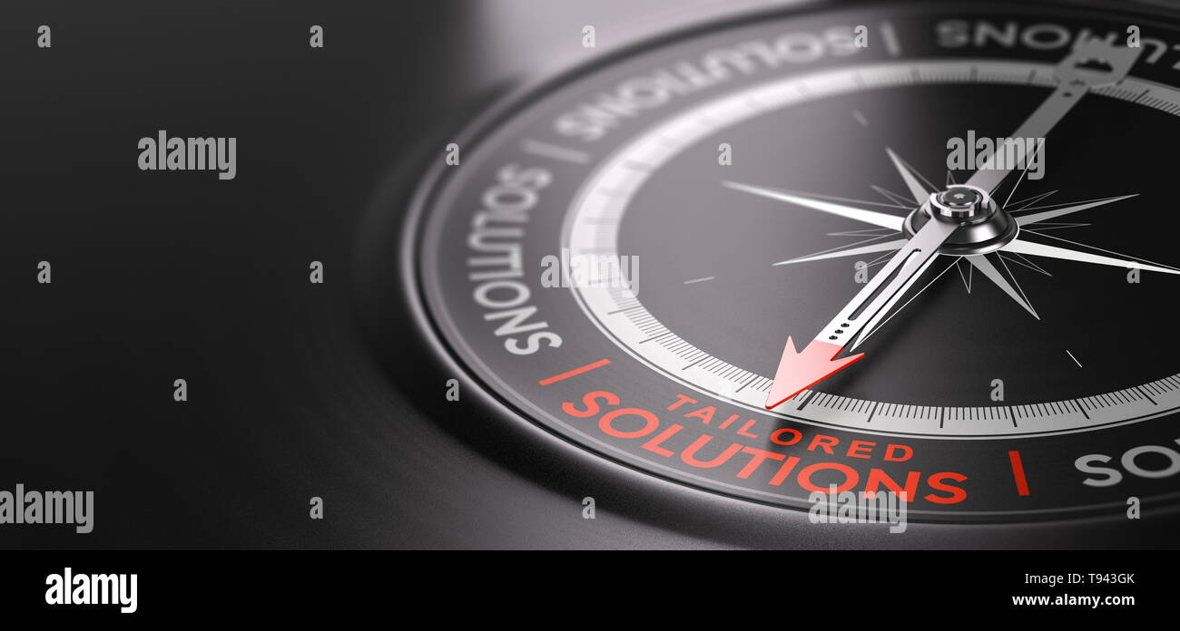 3D illustration of a compass over black background with the text tailored solutions written in red. Made-to-measure services concept. Stock Photo