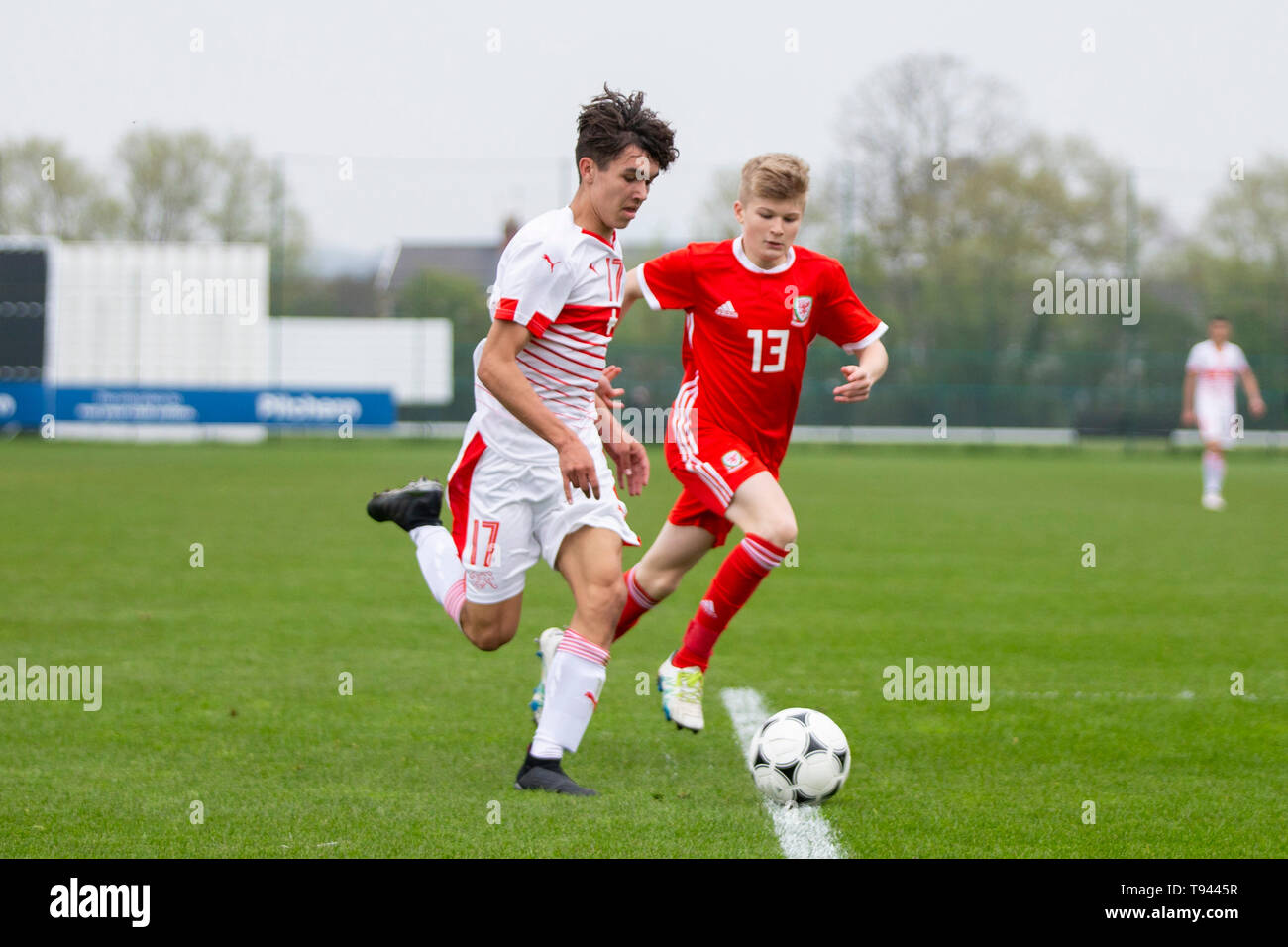 Newport, Wales, UK, April 16th 2019. Christian Bleisch of Switzerland and  Jordan James of Wales during the Under 15 International Friendly match  betwe Stock Photo - Alamy