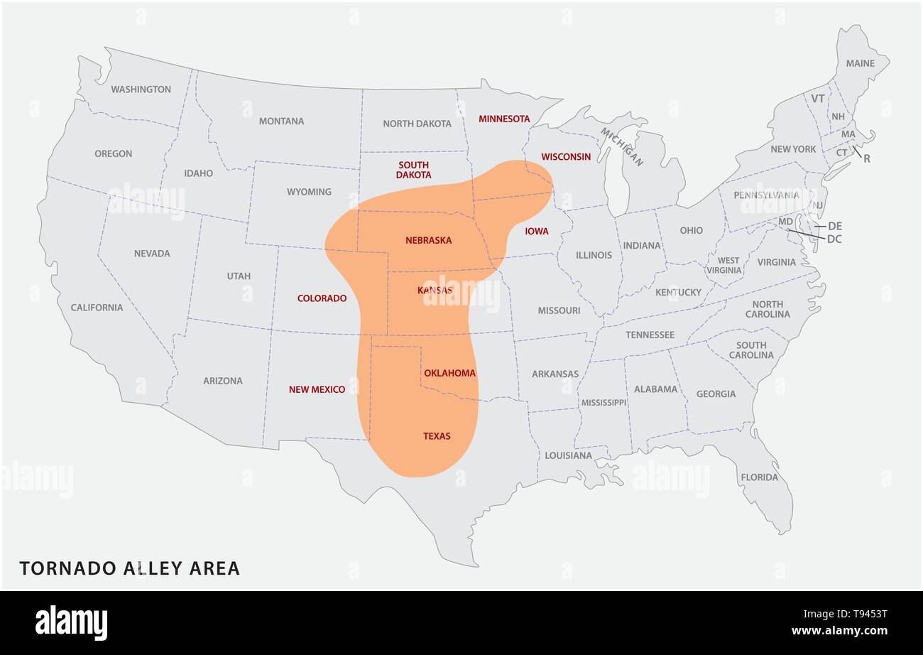 Map of the Tornado Alley area in the United States Stock Vector