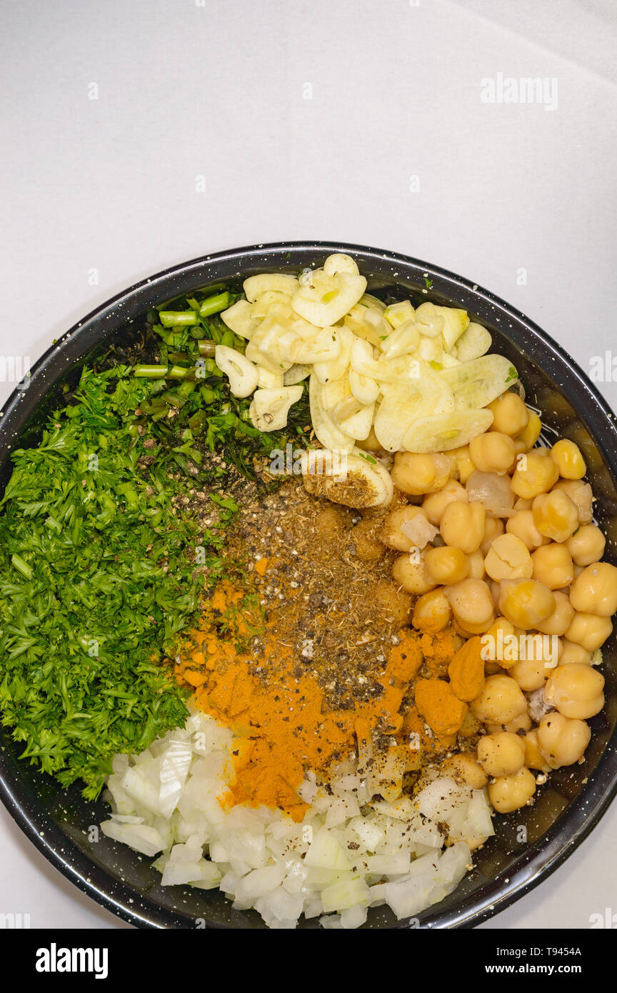 Flat lay, ingredients for cooking falafel, food from Egypt. Chickpeas ...