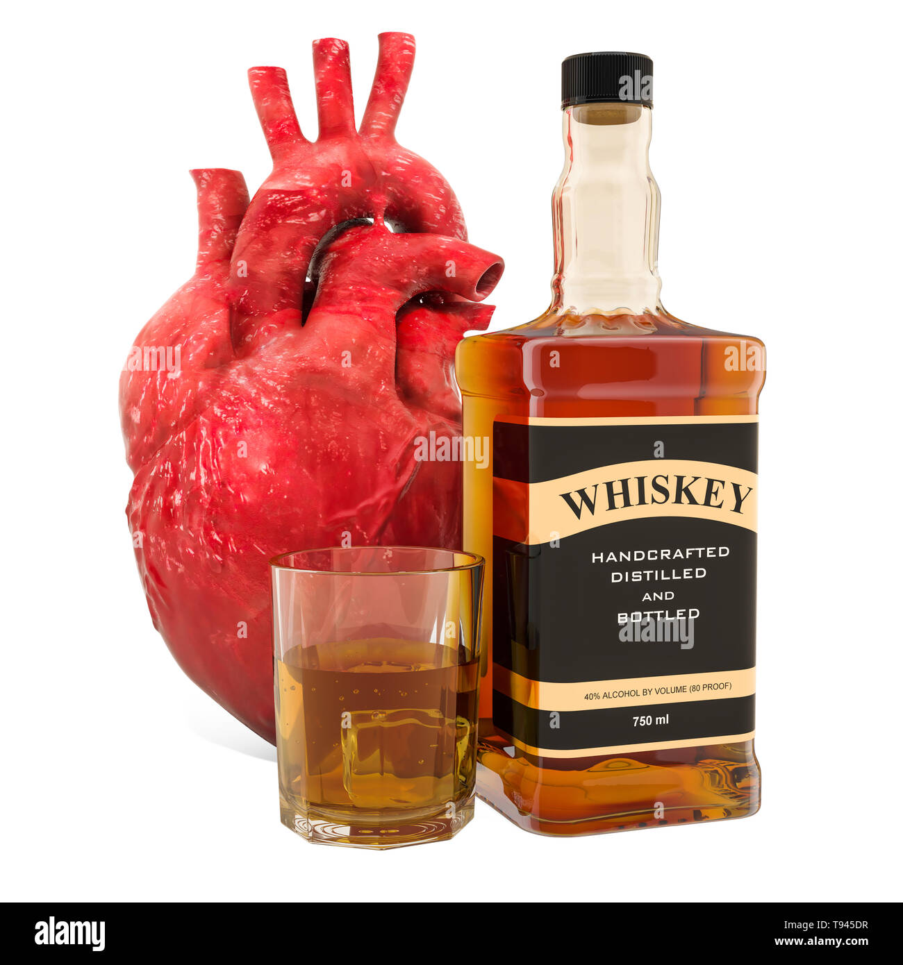 Alcohol and heart disease concept, human heart with alcohol drink. 3D