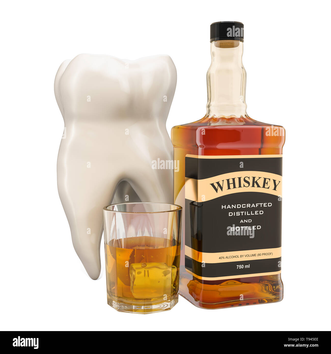 The Effects of Alcohol on Teeth concept. Tooth with alcohol drink. 3D rendering isolated on white background Stock Photo