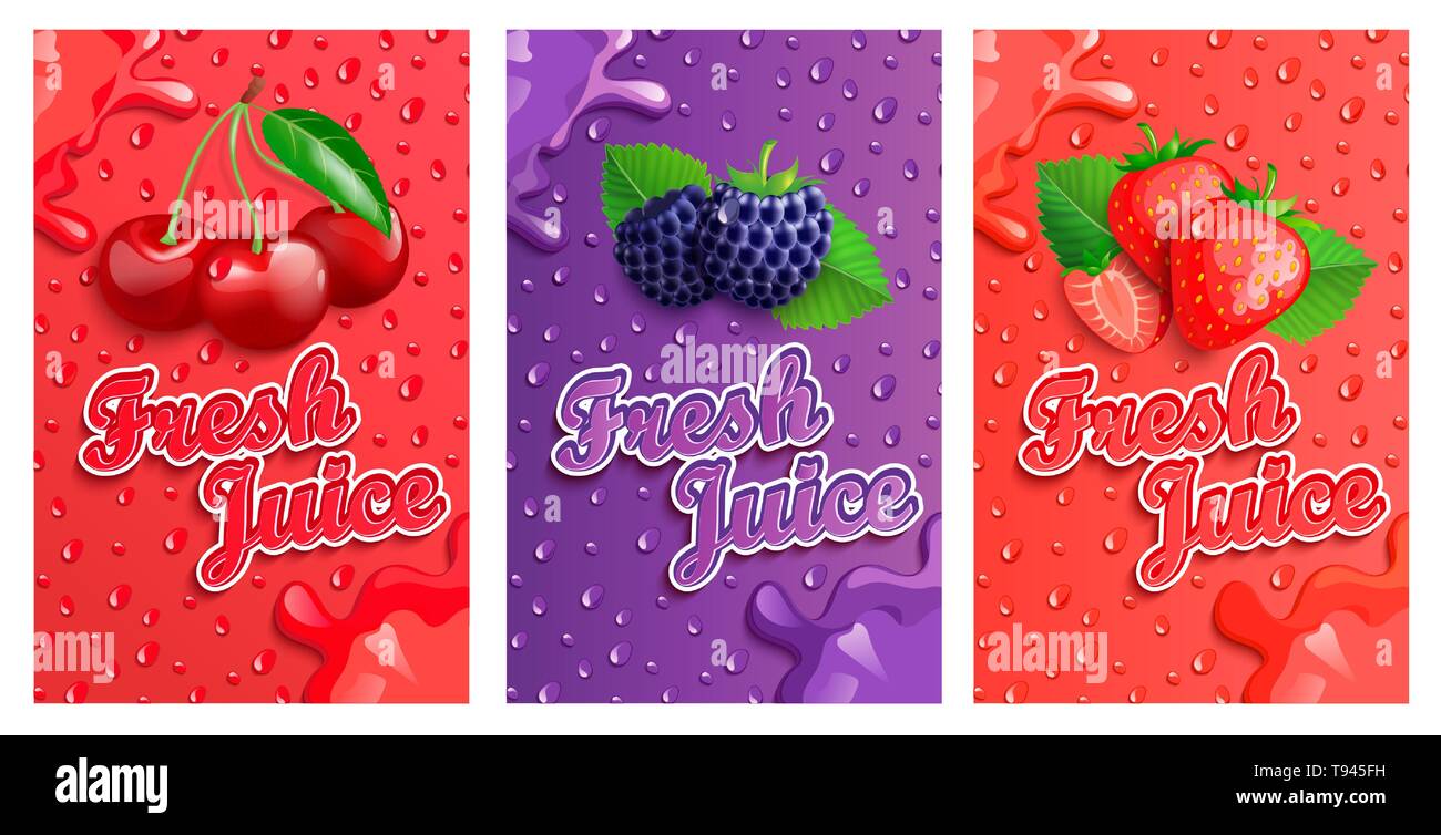 Set of blackberry, cherry and strawberry fresh juice banner. Stock Vector