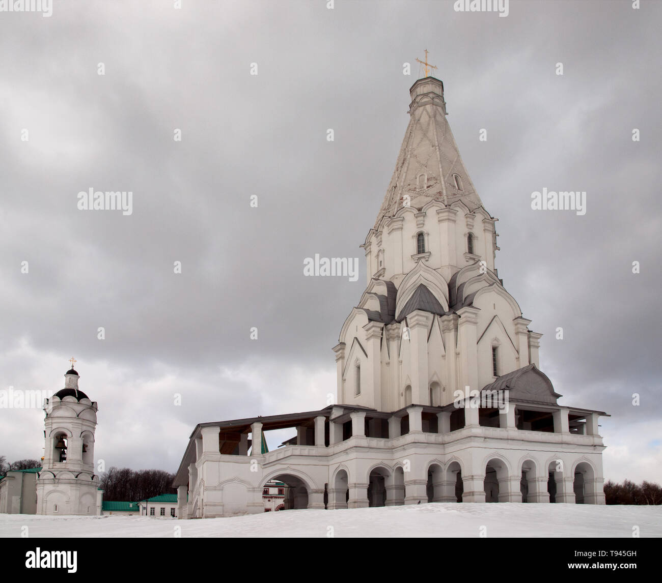 Traditional Russian white Church, winter, Kolomenskoe, Moscow, Russia Stock Photo
