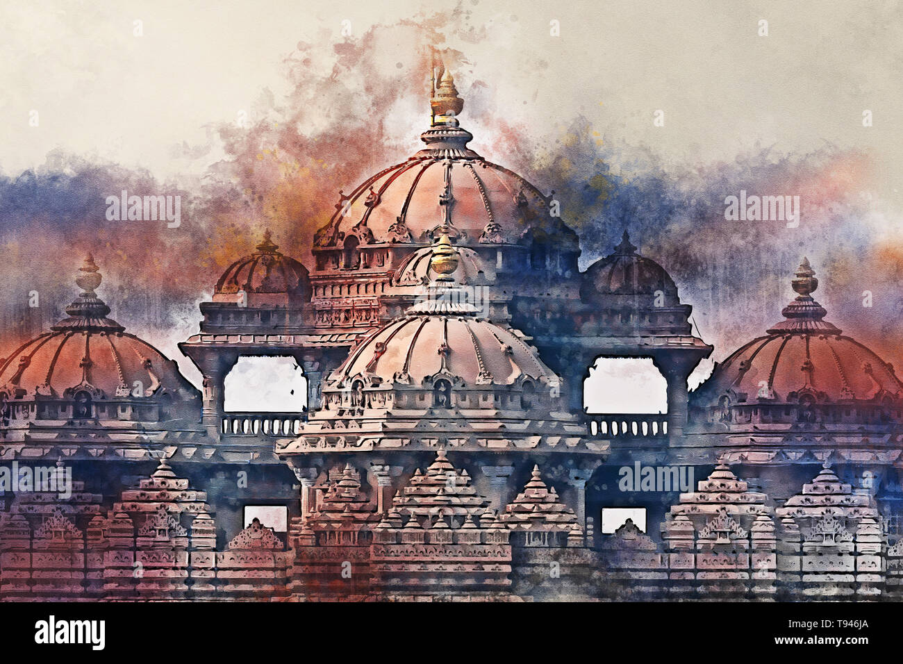 Watercolor painting of facade of a temple Akshardham in Delhi, India