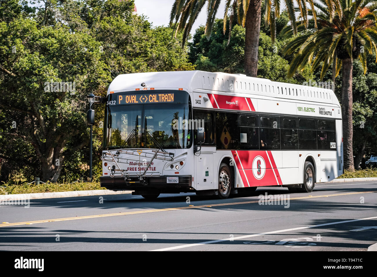 May 9, 2019 Palo Alto / CA / USA - Free Shuttle taking people from Caltrain to Stanford University Stock Photo