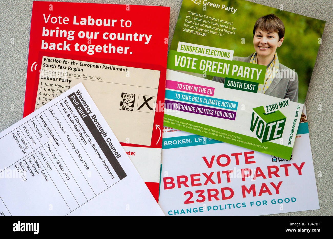 European Elections May 23rd 2019 leaflets and voting card UK Stock Photo