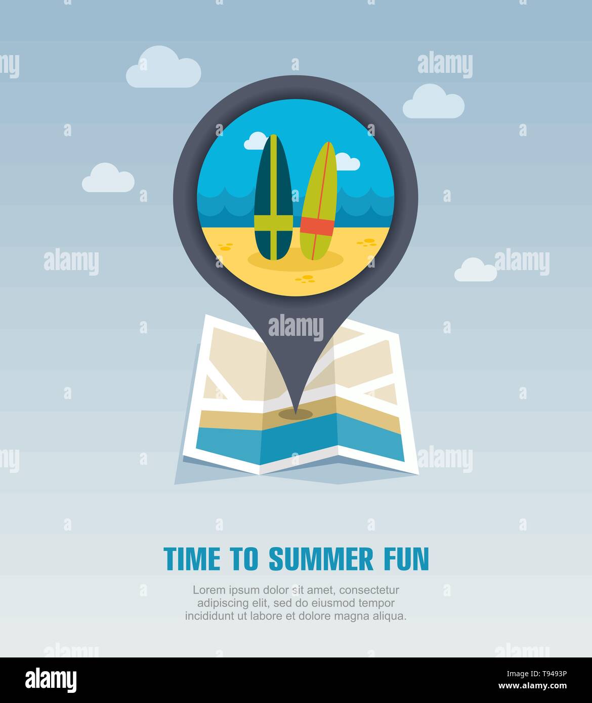 Surfboard vector pin map icon. Beach Map pointer. Summer Map markers ...