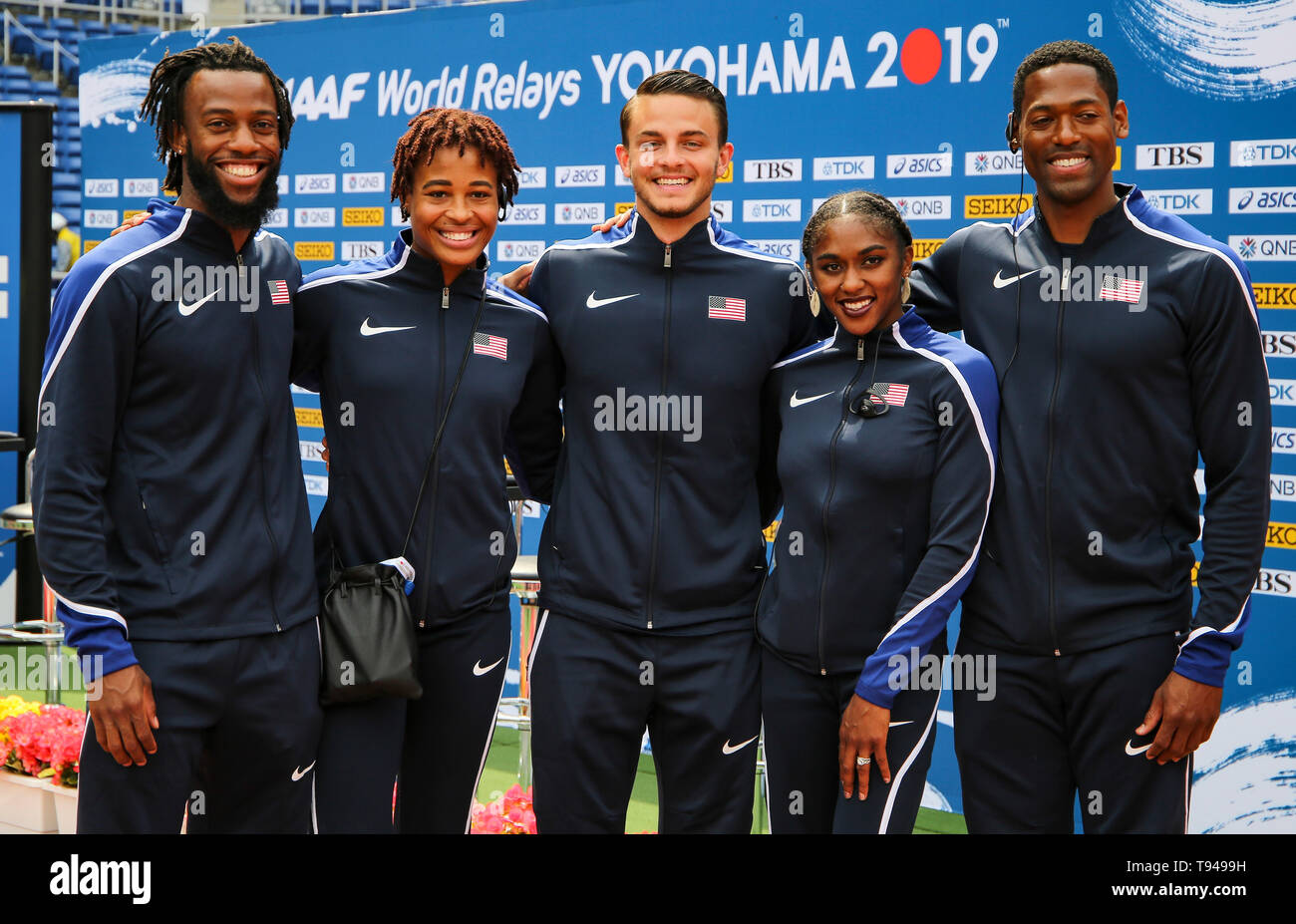 YOKOHAMA, JAPAN - MAY 10: USA’s shuttle hurdles relay team (Devon Allen, Christina Clemons, Freddie Crittenden, Ryan Fontenot, Queen Harrison, Sharika Nelvis) during the official press conference of the 2019 IAAF World Relay Championships at the Nissan Stadium on May 10, 2019 in Yokohama, Japan. (Photo by Roger Sedres for the IAAF) Stock Photo
