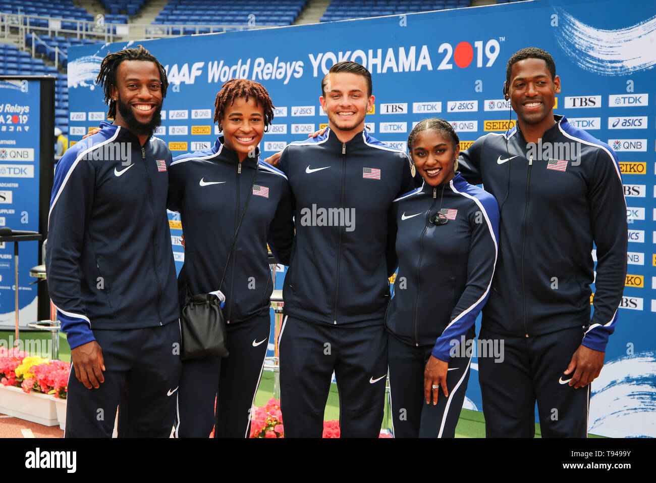 YOKOHAMA, JAPAN - MAY 10: USA’s shuttle hurdles relay team (Devon Allen, Christina Clemons, Freddie Crittenden, Ryan Fontenot, Queen Harrison, Sharika Nelvis) during the official press conference of the 2019 IAAF World Relay Championships at the Nissan Stadium on May 10, 2019 in Yokohama, Japan. (Photo by Roger Sedres for the IAAF) Stock Photo