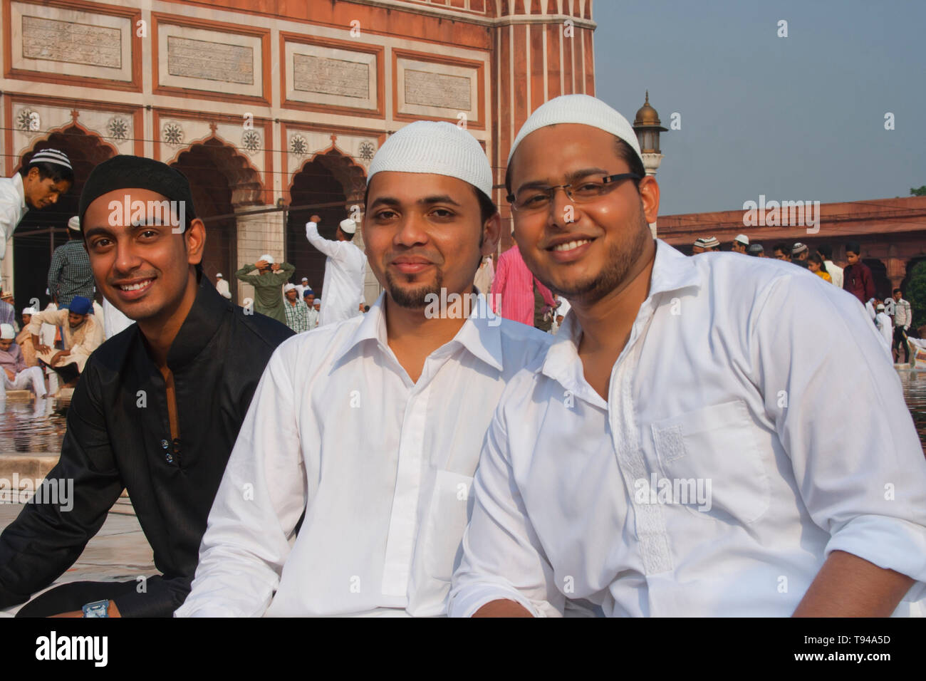 Portrait of a Muslims sitting at jama masjid, Meena Bazaar, Chandni Chowk, Delhi, 16 October 2013 Stock Photo
