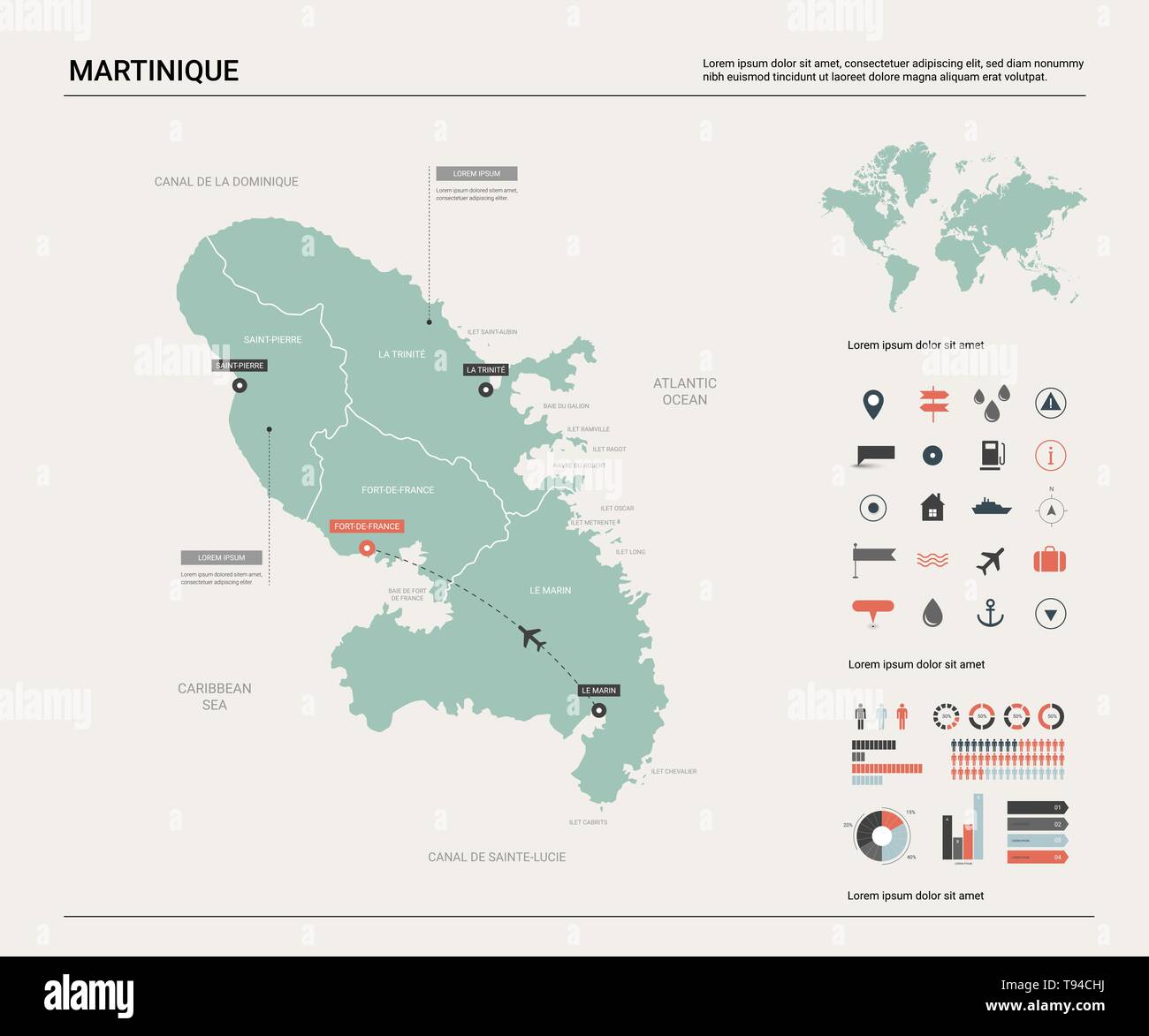 Vector map of Martinique. Country map with division, cities and capital