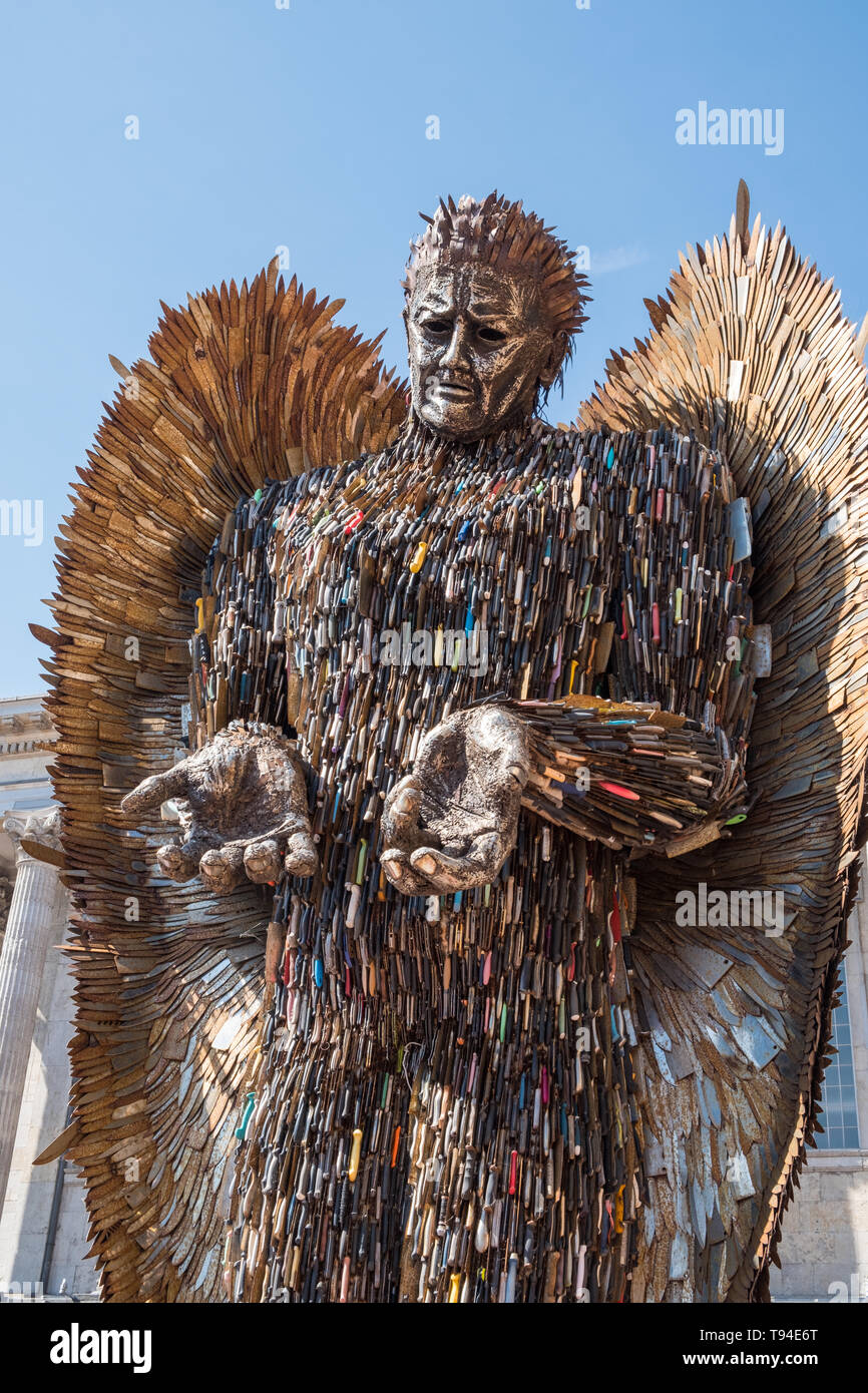 The Knife Angel sculpture by Alfie Bradley is made from thousands of surrendered knives and promotes the effect of knife crime on society. Stock Photo