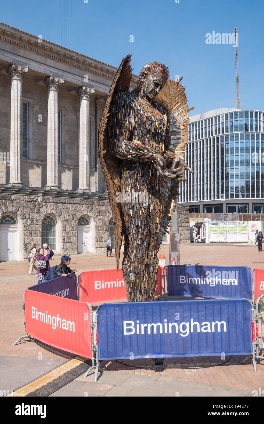 The Knife Angel sculpture by Alfie Bradley is made from thousands of surrendered knives and promotes the effect of knife crime on society. Stock Photo