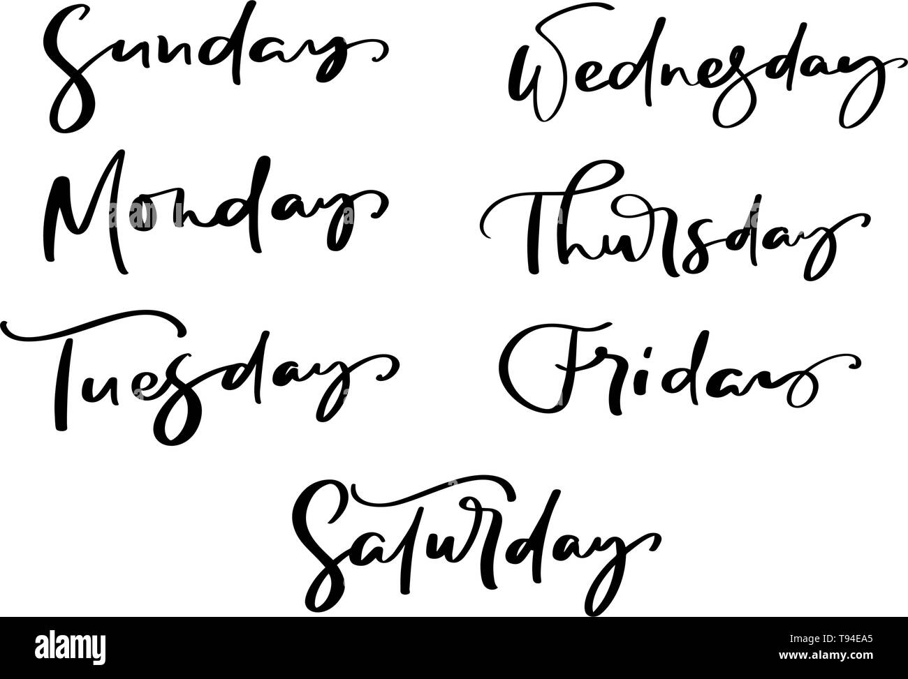 Handwritten Days Of The Week: Monday, Tuesday, Wednesday, Thursday, Friday,  Saturday, Sunday Isolated On White Background. Black Ink Calligraphy Words  Framed. Vector Illustration With Hand Lettering. Royalty Free SVG,  Cliparts, Vectors, and