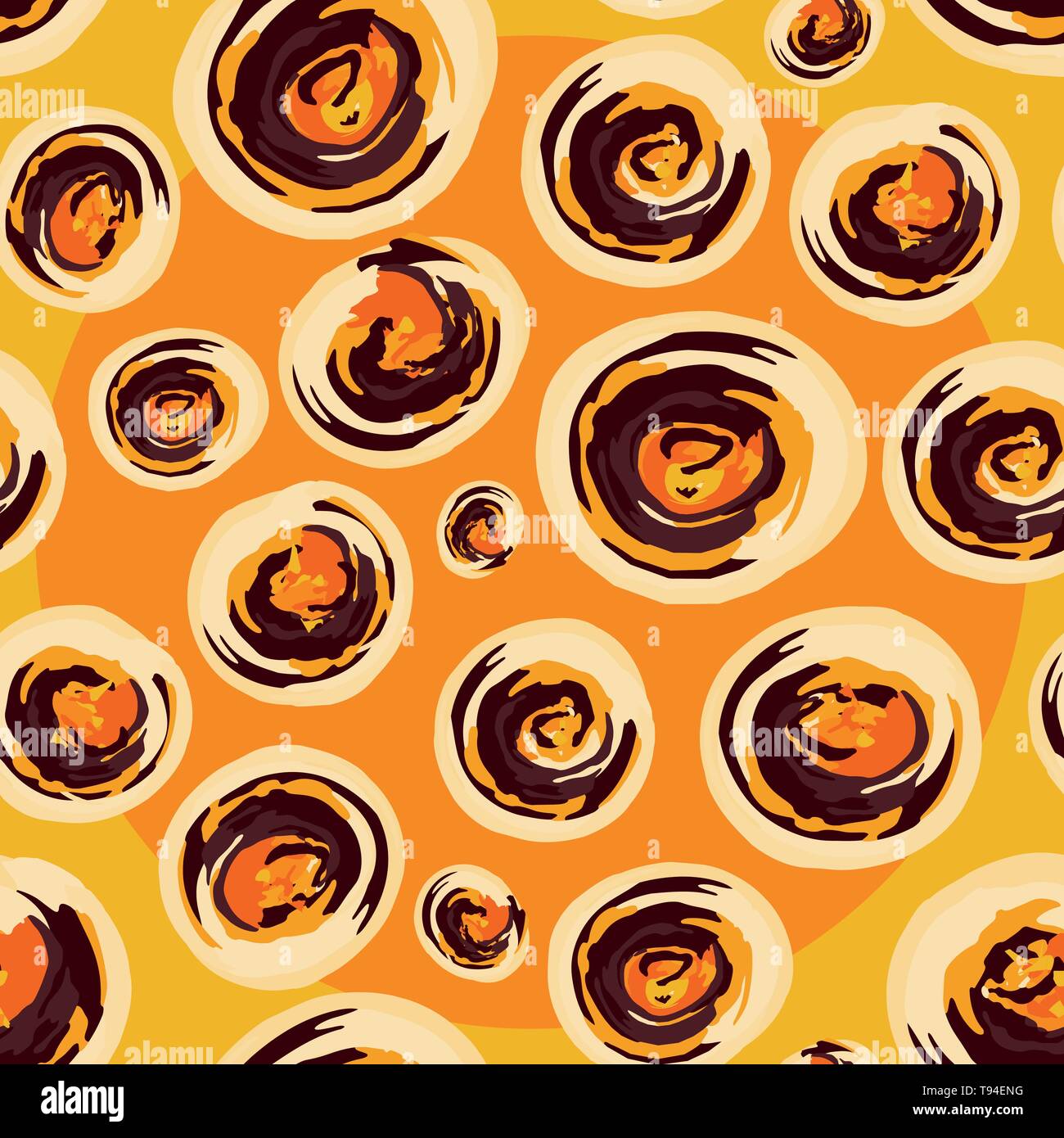Contemporary hand drawn orange and yellow painted swirls. Vector seamless pattern on orange background with a large circle. Great for wellness Stock Vector