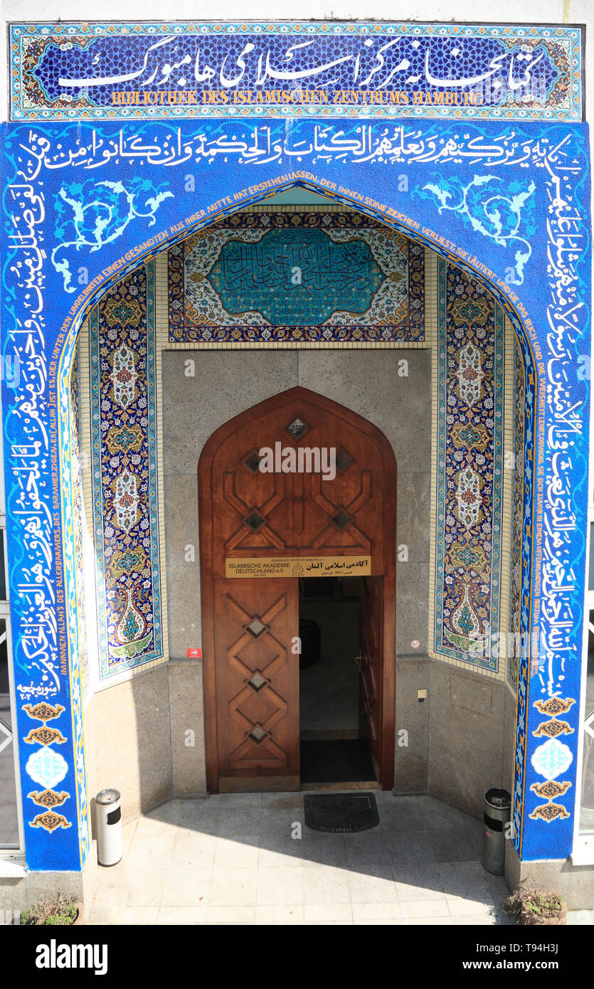 Entrance to Bibliothek of the Islamic Center, Imam-Ali-Moschee (Blaue Moschee) at lake  Alster, Hamburg,Germany, Europe Stock Photo