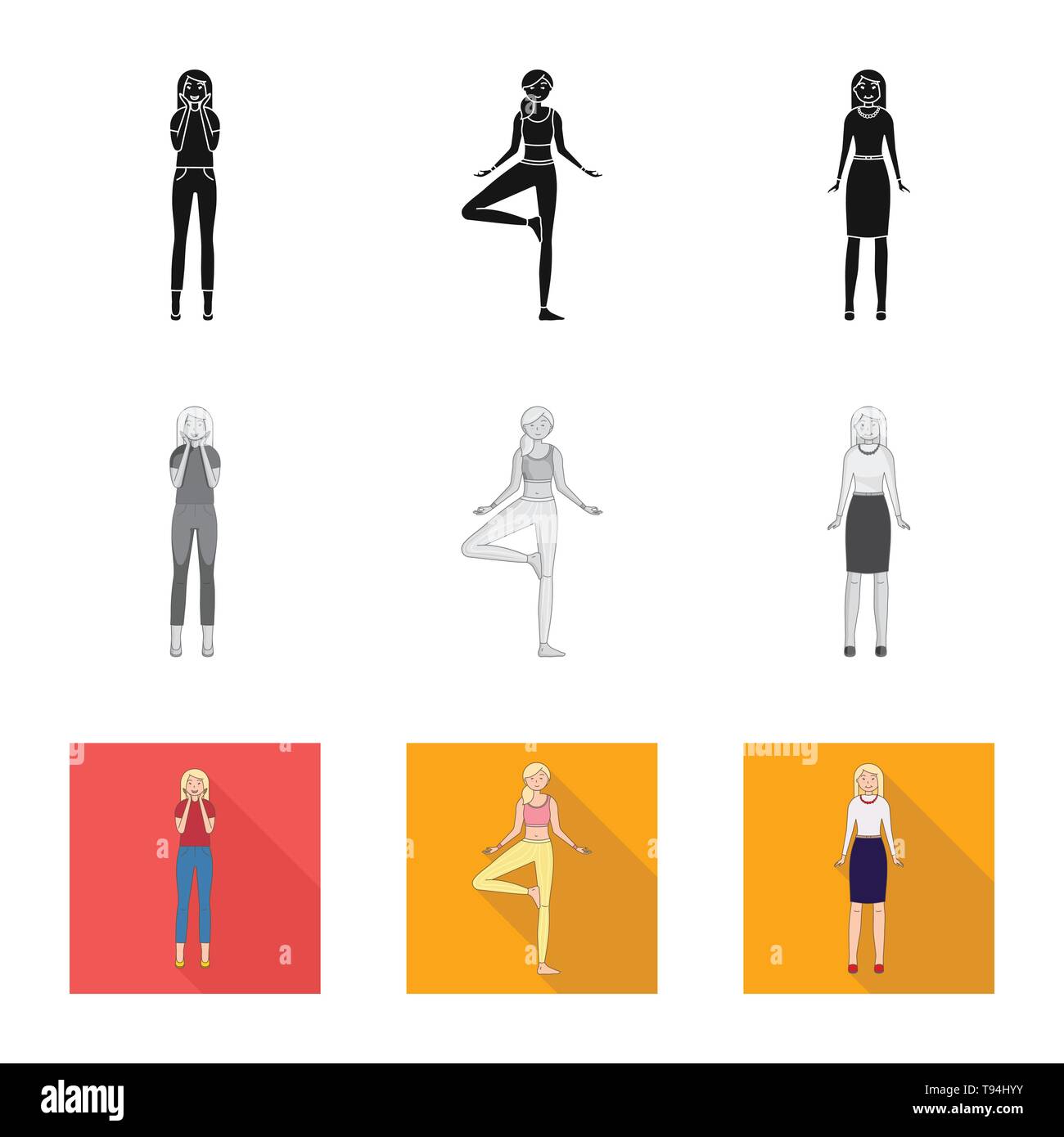 Vector illustration of posture and mood icon. Set of posture and female ...