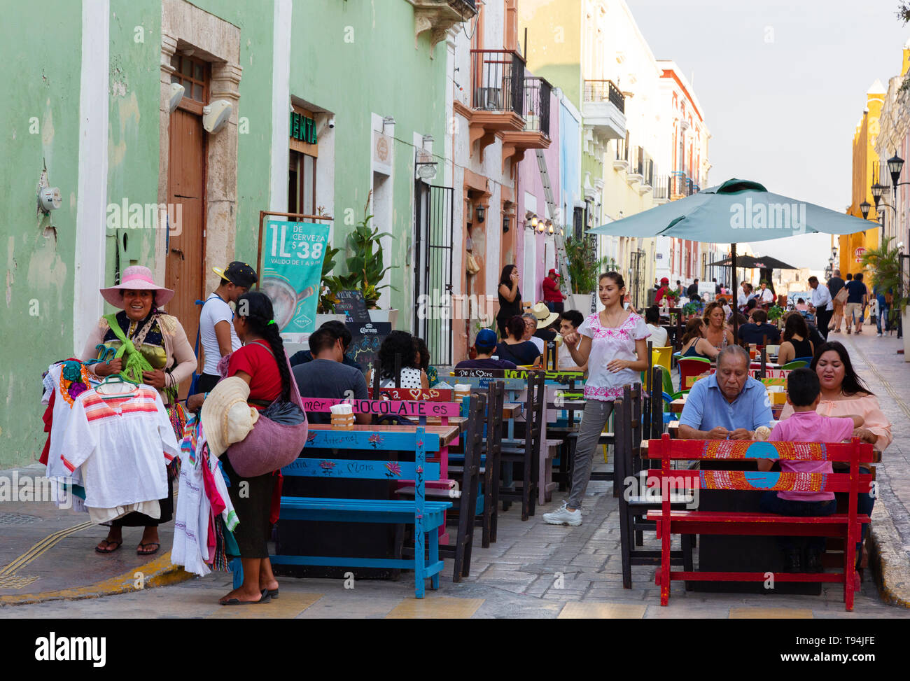 Campeche Mexico; old town UNESCO world heritage site, local people and tourists at a street cafe, Campeche, Mexico Latin America Stock Photo