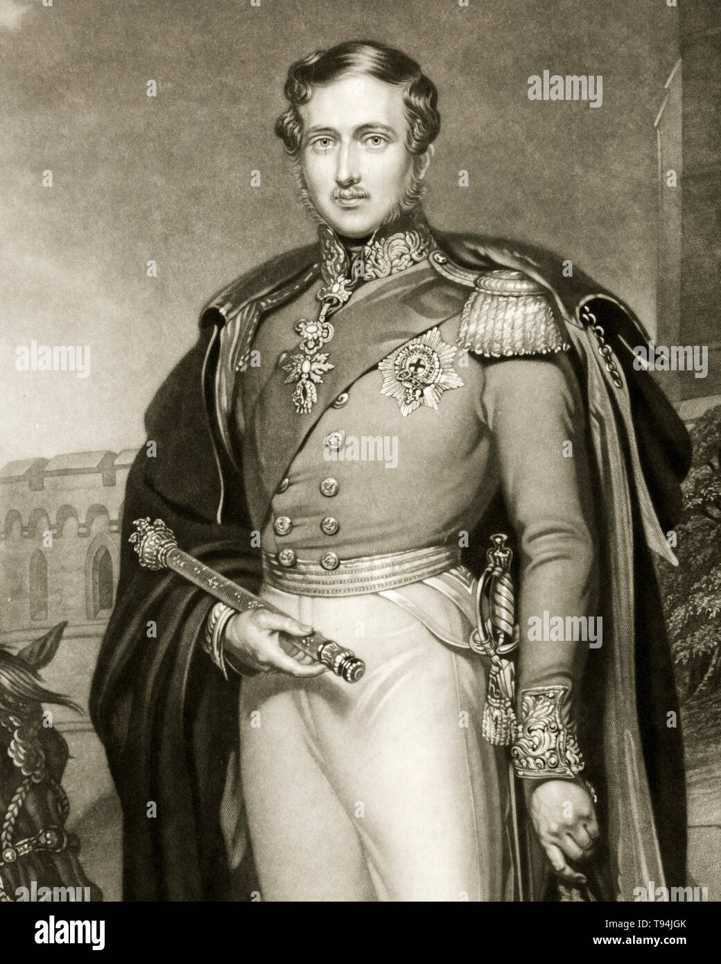 Prince Albert, portrait engraving, holding scepter and hat, military uniform,  1847 Stock Photo