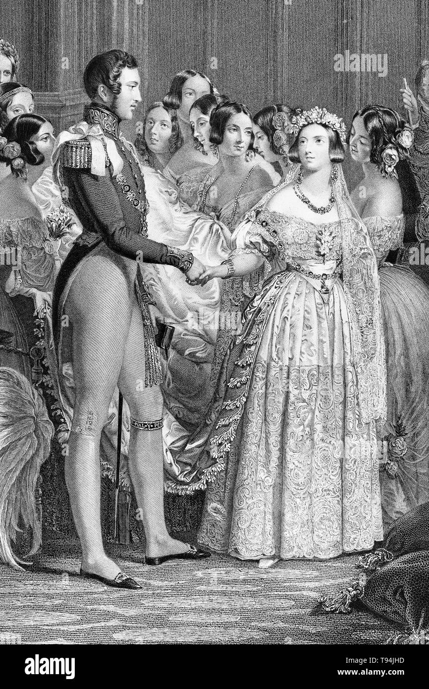 Wedding of Queen Victoria and Prince Albert, February 10, 1840, engraving by Charles Eden Wagstaff, 1844 Stock Photo