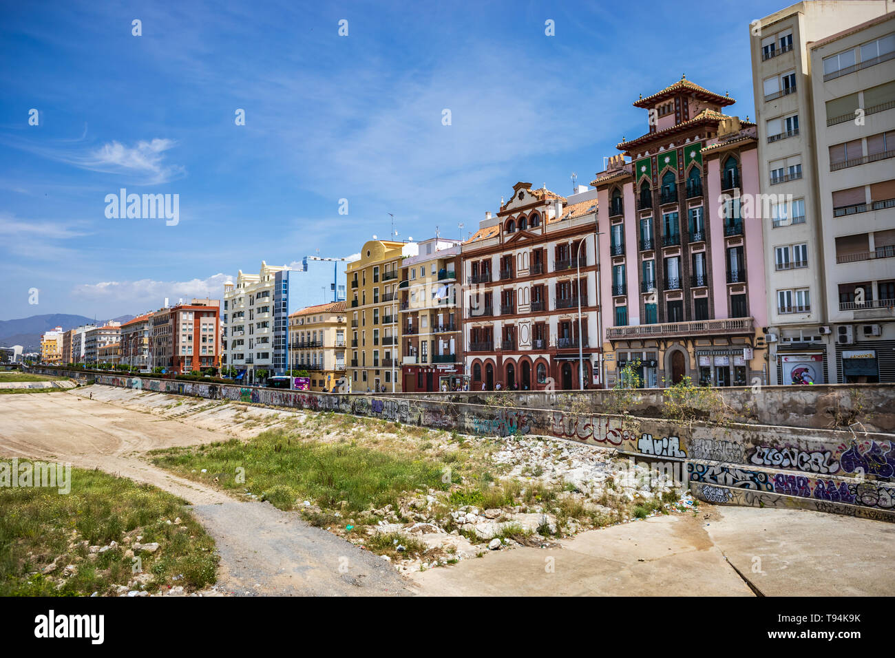 MALAGA, COSTA DEL SOL, SPAIN - CIRCA MAI, 2019:  The Guadalmedina river of Malaga town on the Costa del Sol in Andalusia, Spain Stock Photo