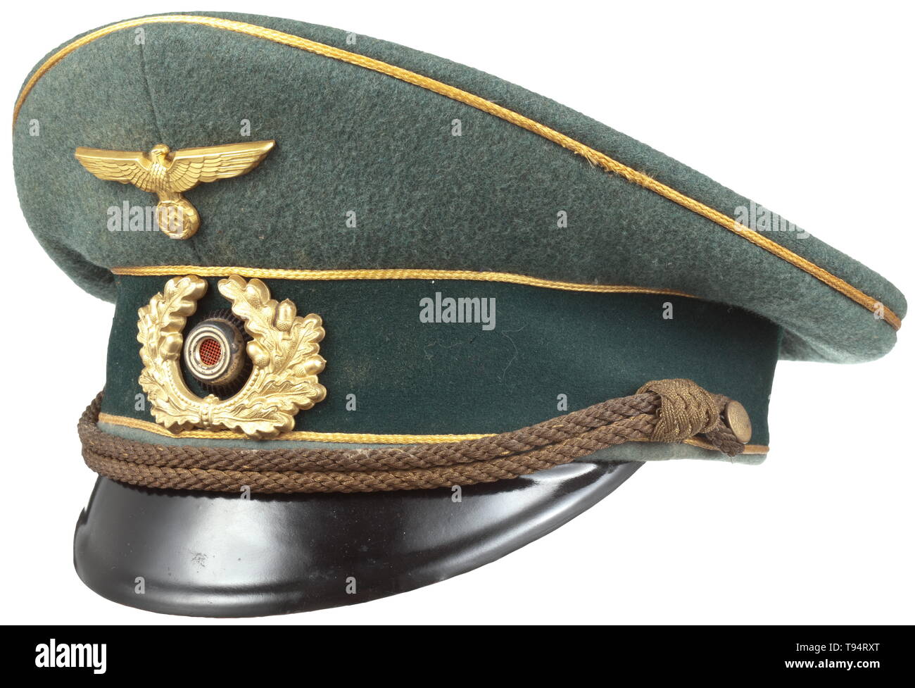 A visor cap for generals of the army personal example of General of Infantry Kurt von der Chevallerie (1891 - 1945) Made of fine field-grey woollen cloth, dark green trim band, gold cellon piping (one area with minimal moth traces), mint-coloured inner liner (slightly soiled), beneath the cap trapezoid the silver embossed maker 'Erel Berlin Sonderklasse Privat', the light brown leather sweatband likewise with maker's stamping 'Erel'. Insignia of gilt aluminium (the cockade with ventilation sieve), golden general's cord (tarnished). In addition to a number of other awards, v, Editorial-Use-Only Stock Photo