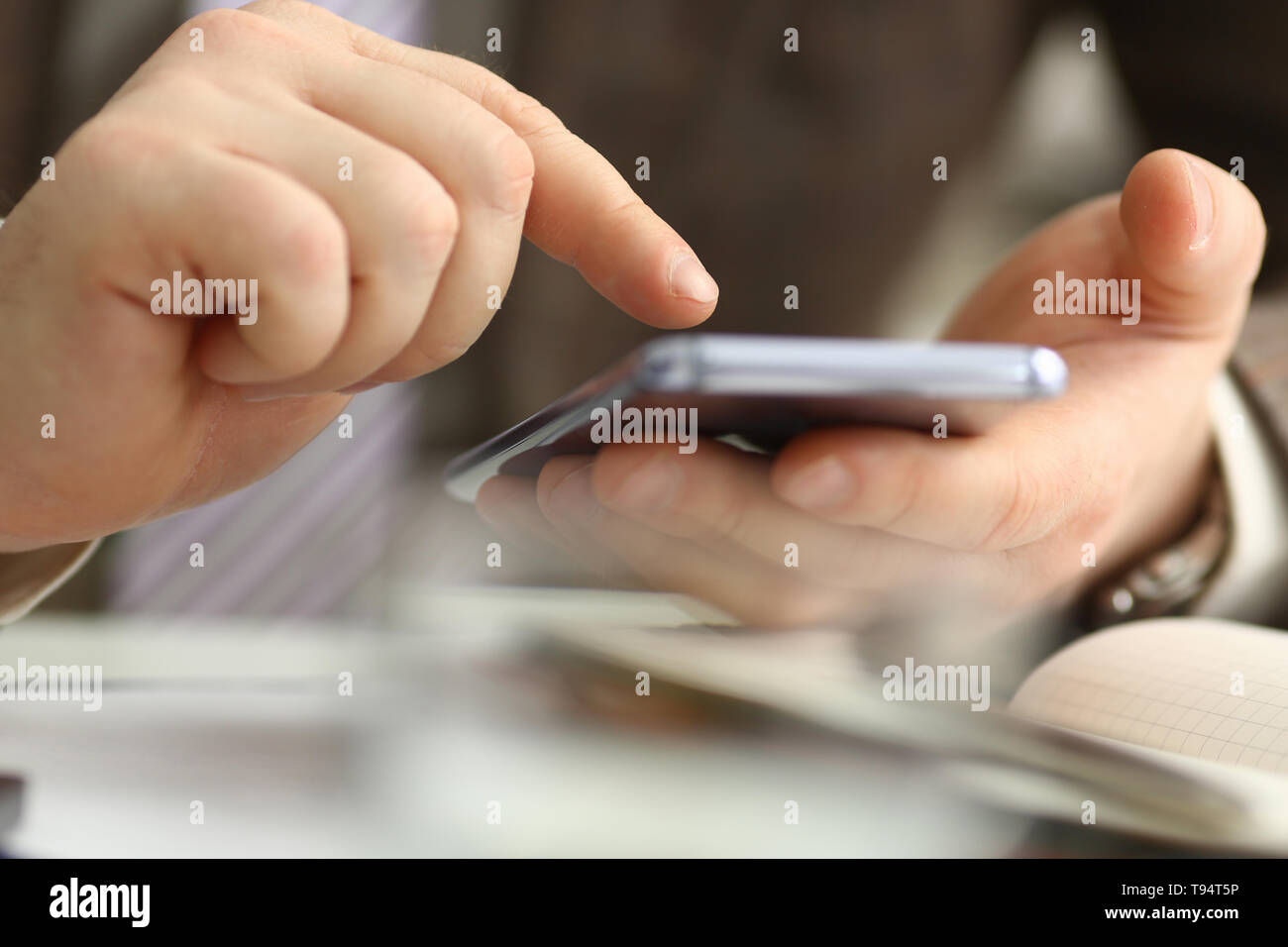 Male Arm In Suit Hold Phone And Silver Pen At Workplace Closeup Read News Mania Send Sms Chat Addict Use Electronic Bank Modern Lifestyle Job Plan Co Stock Photo Alamy