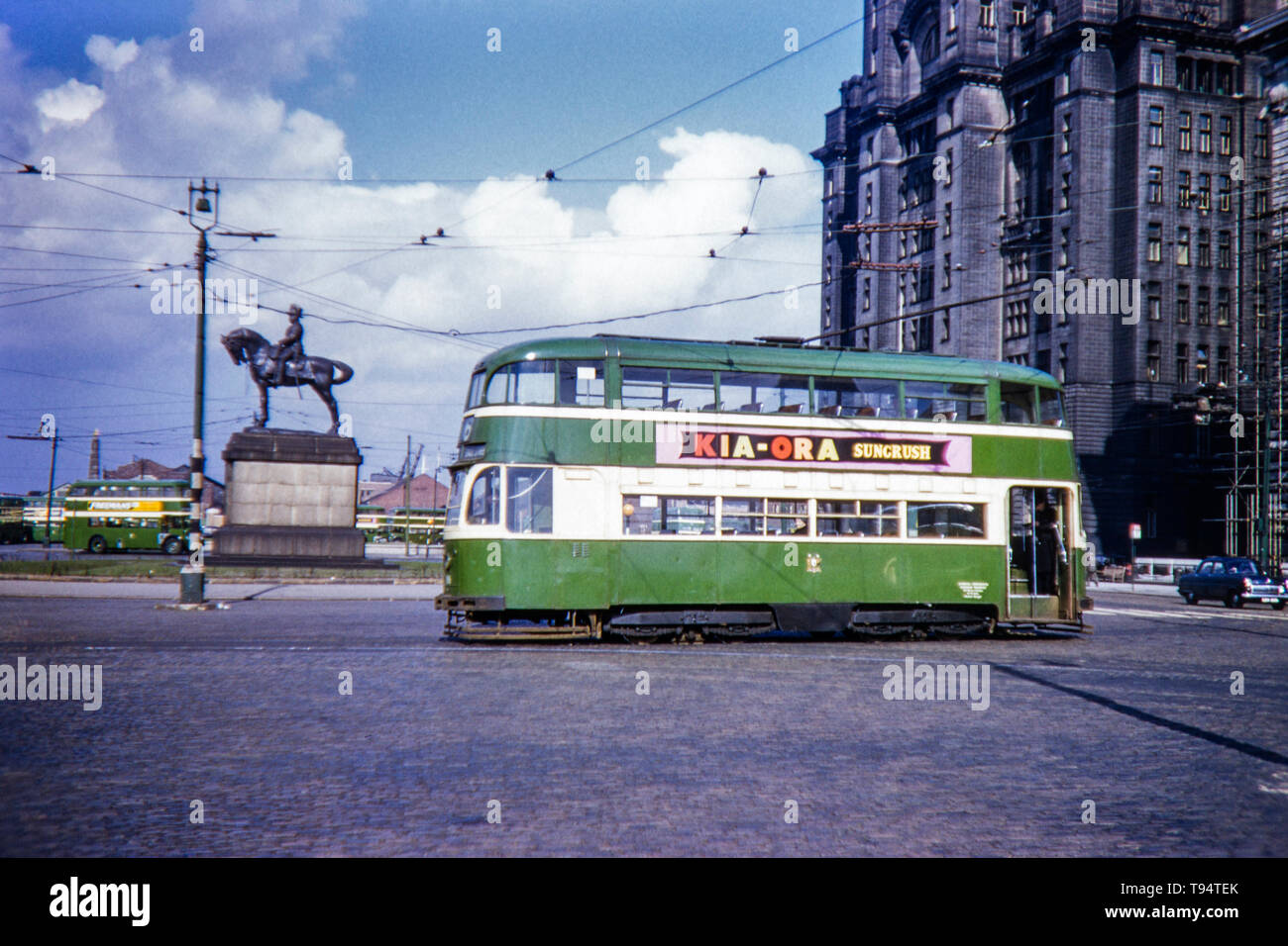 A Liverpool tram and the grade II listed Edward VII Monument at the now Unesco world heritage site of the Pier Head, Liverpool City Centre. Image taken in March 1956 a year before the trams were  decommissioned. Stock Photo