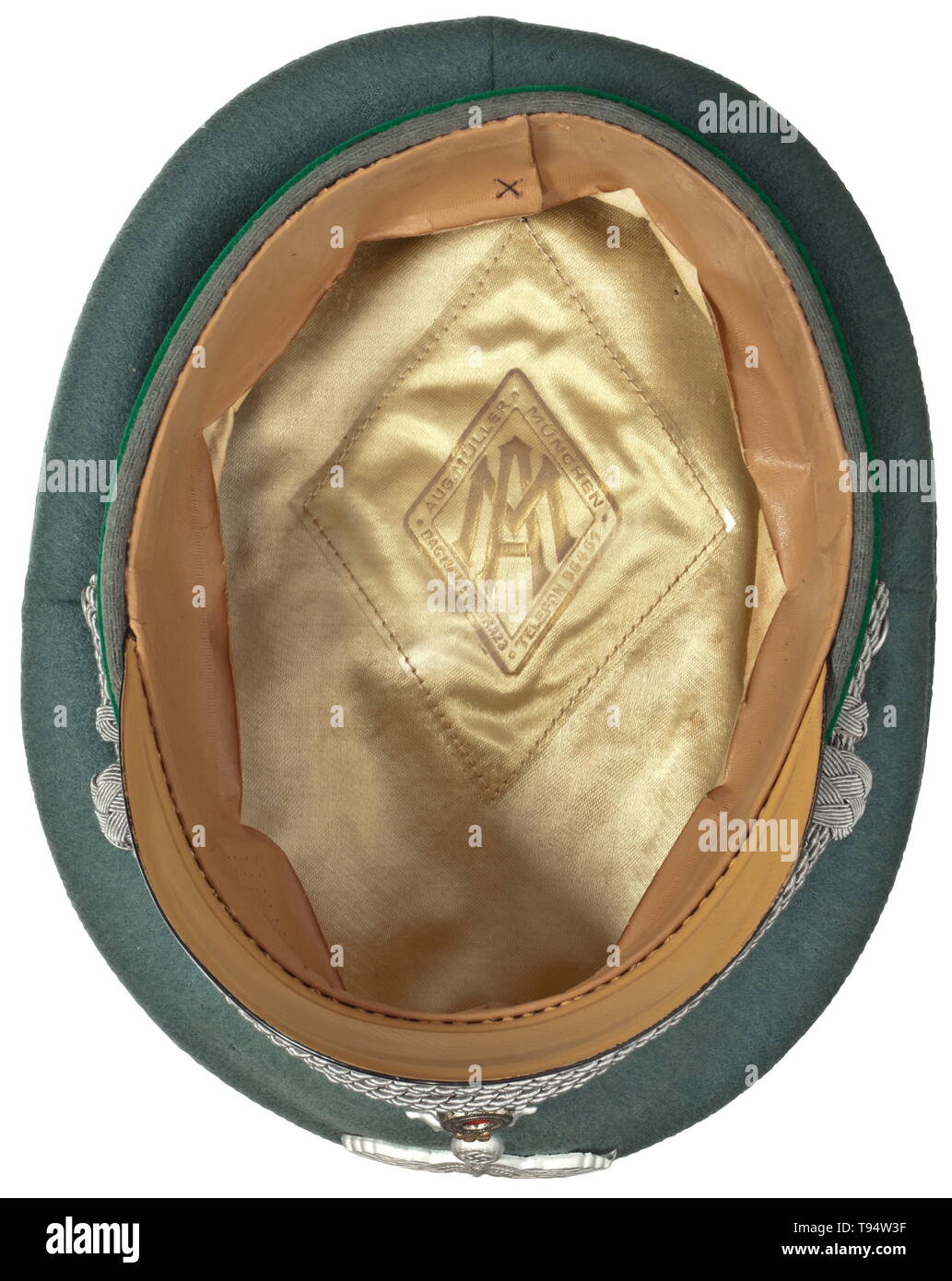 A visor cap for officers of mountain troops maker August Müller, Munich  Private purchase piece of fine field-grey cloth (small surface moth  traces), dark green trim band and piping, beige silk liner,
