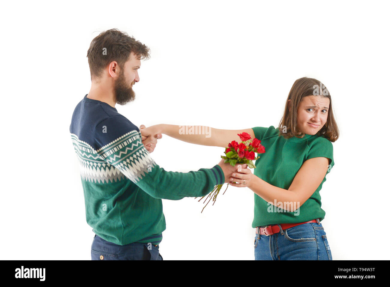 young man been rejected by a young woman on velentine's day Stock Photo