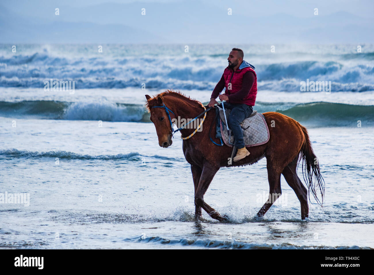 Ayia Eirini, Cyprus 24 March, 2019 Man riding on a brown galloping