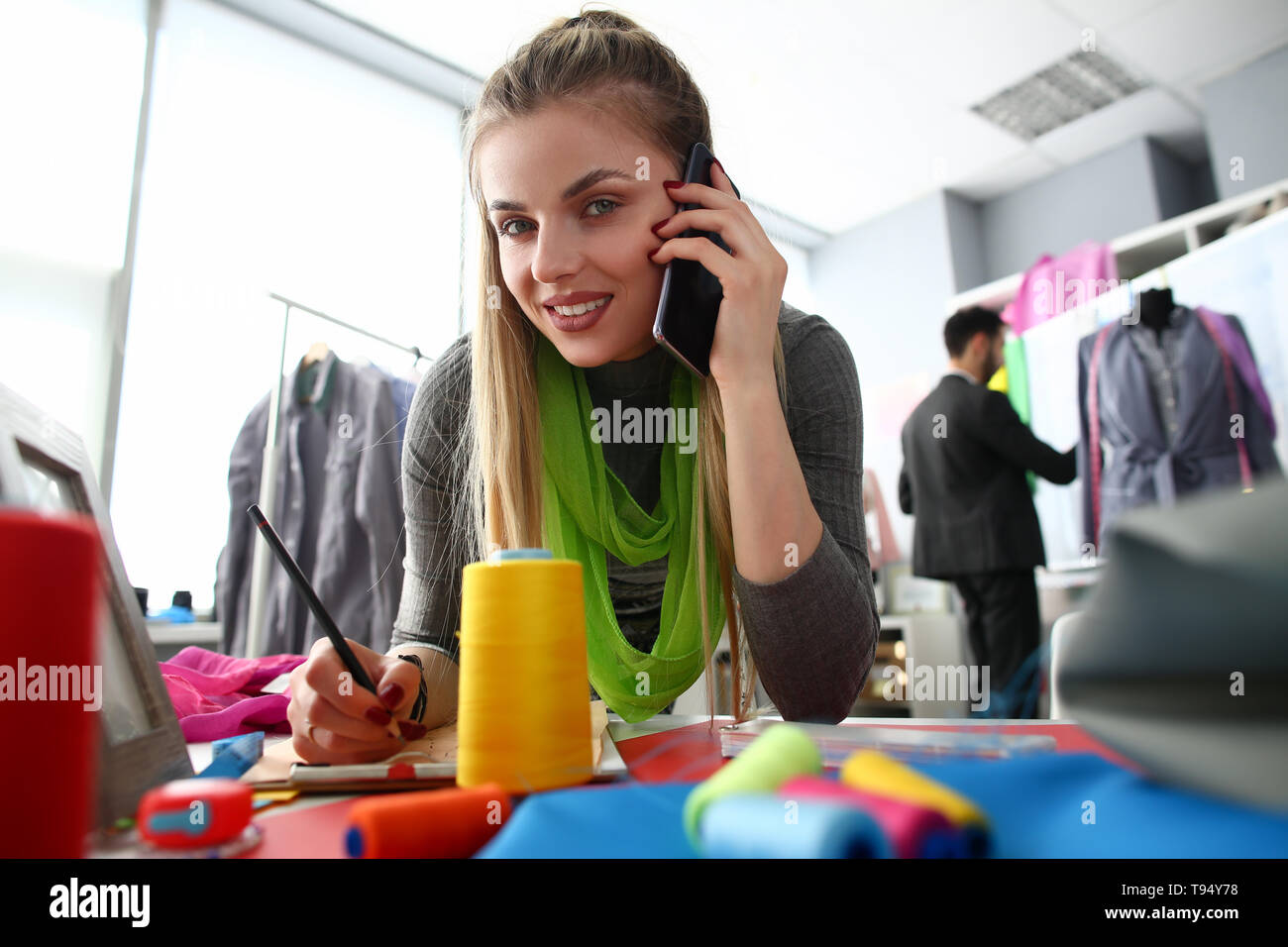Tailoring Needlework Business Woman Talking Phone Stock Photo