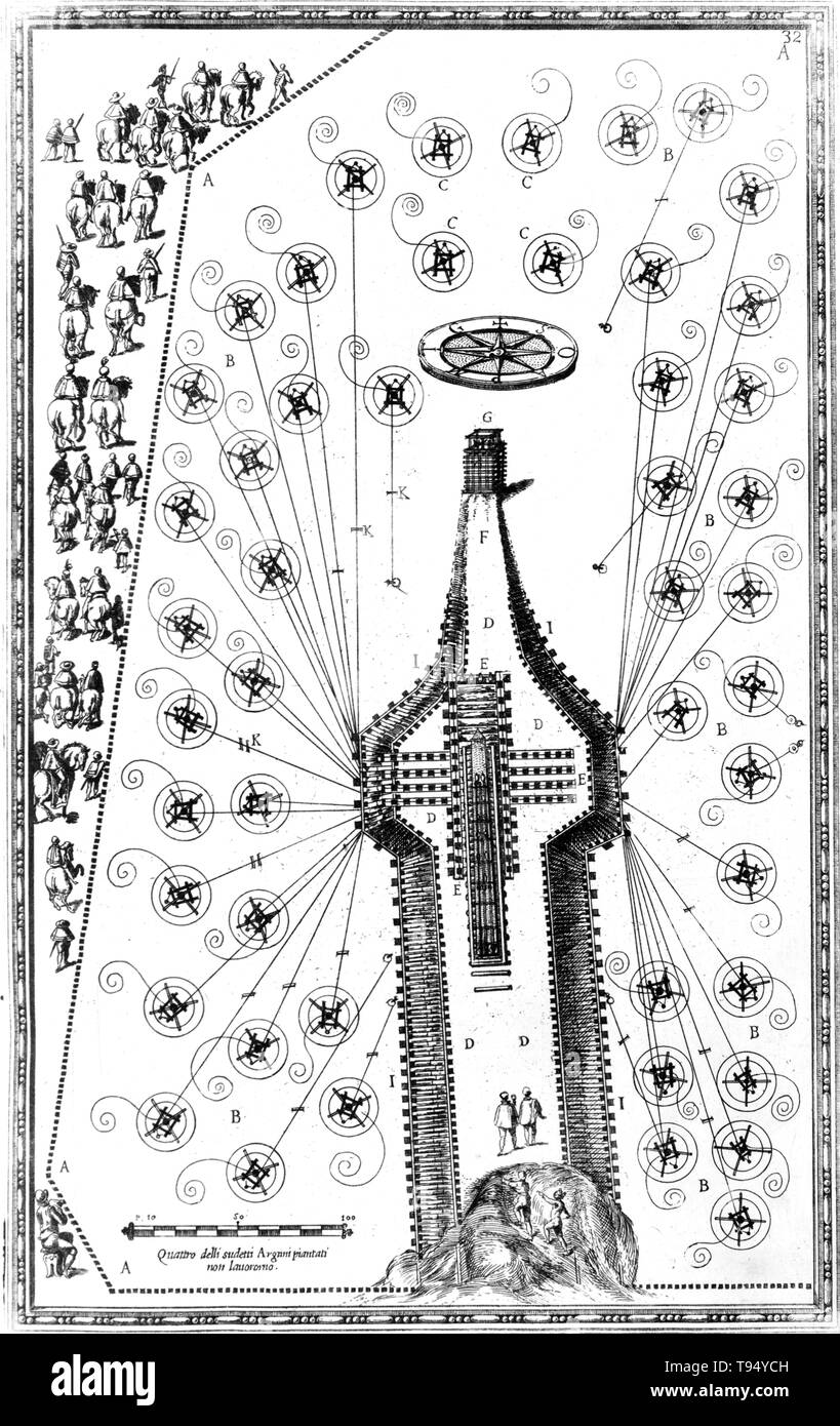 Engraving by Domenico Fontana entitled: 'Overhead view showing path of obelisk during move from the Circus Nero to its new location at the Piazza of Saint Peter in Rome, 1590.' The obelisk was originally erected at Heliopolis by an unknown pharaoh of the Fifth dynasty of Egypt (2494 - 2345 BC). During its history the obelisk has been successfully moved three times. Stock Photo