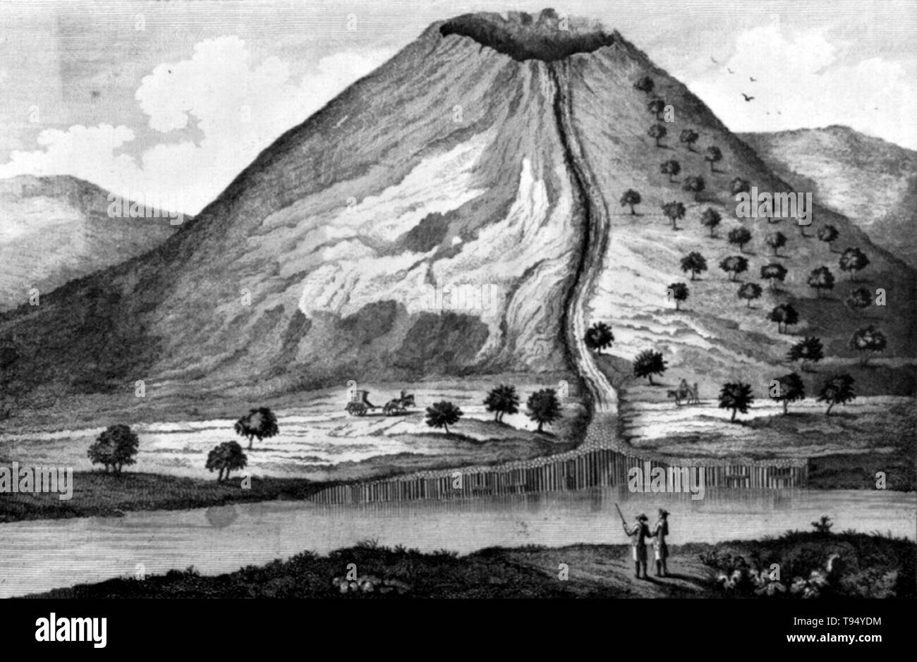 Engraving by Claude Fossard, de Veyrenc showing lava flowing down a volcano to form a street of prismatic basalt, 1778. Basalt is a very common igneous rock. Prismatic columns are formed when deep lava flows cool slowly, this causes shrinkage and the most popular form taken is hexagonal. The number of column sides does vary and some are almost square. Stock Photo