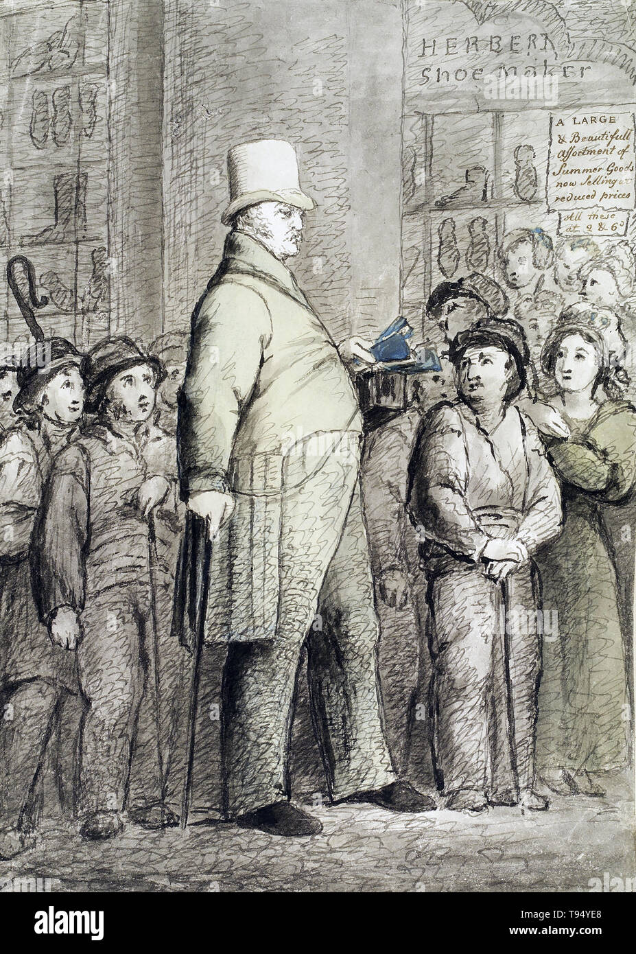 James Henry Lambier, also known as the American Giant, exhibited himself in 1825. Before becoming a professional giant he was a captain in the French Imperial Mameluke Horse Guard. He was just over seven feet tall. Ink and Watercolor, c. 1820s by Gahagain. Stock Photo