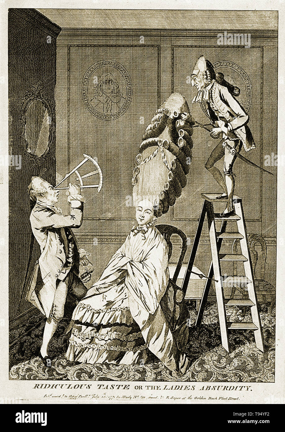 'Ridiculous Taste or the Ladies Absurdity': An 18th-century English engraving of a stylish woman having her exceptionally high wig dressed by a French hairdresser (on stepladder); the woman's husband, a naval officer, is holding a sextant to his eye to ascertain the altitude of the adornment. Print from 1771. Stock Photo