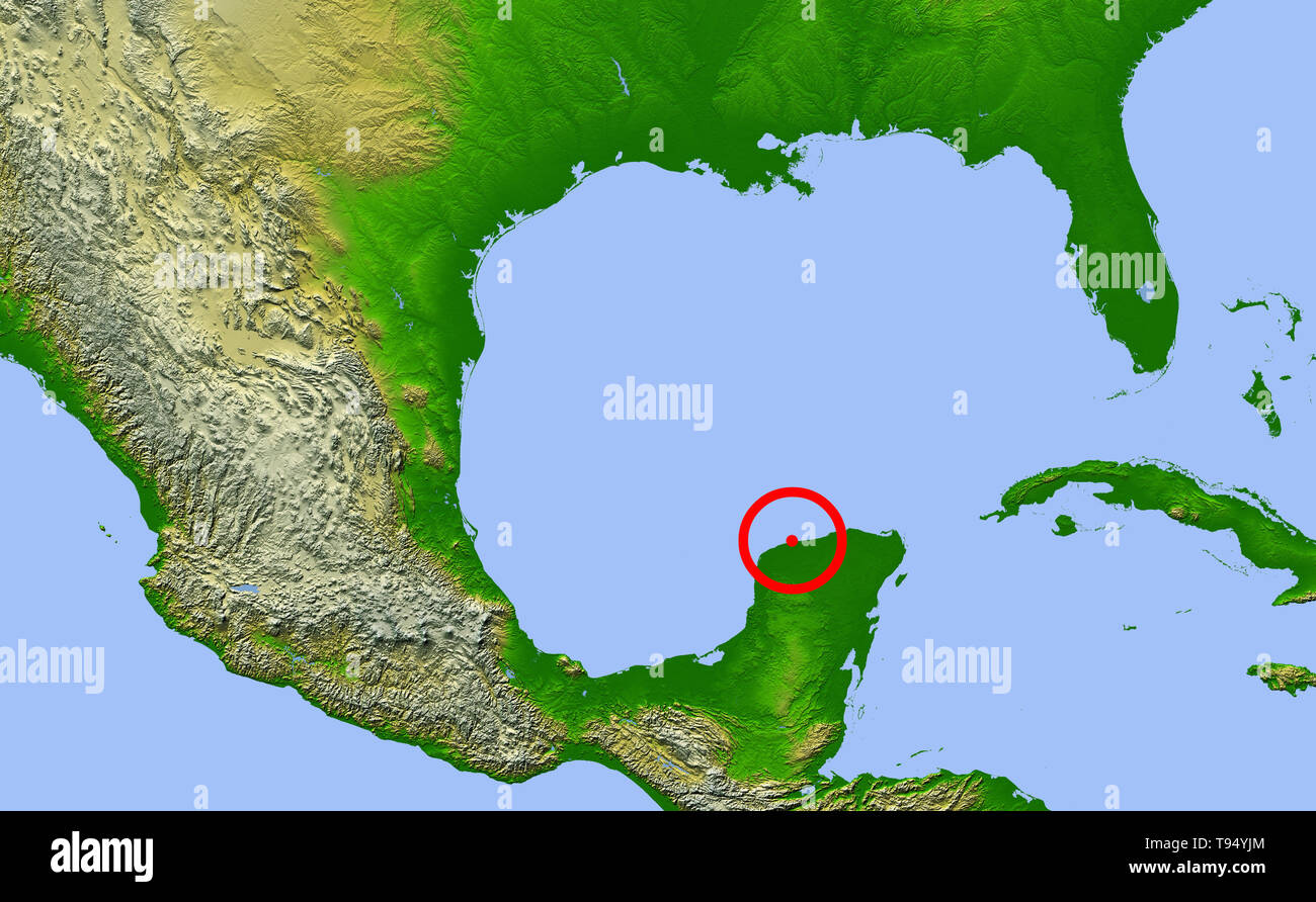 Chicxulub crater. Map showing the location of the Chicxulub impact crater (center) on the Yucatan Peninsula, Mexico. This impact may have caused the extinction of the dinosaurs and 70% of all Earth's species 65 million years ago. The four red dots represent the cities of (from left to right): Mexico City, Tempico (where material ejected from the crater has been found), Havana and Miami. Stock Photo