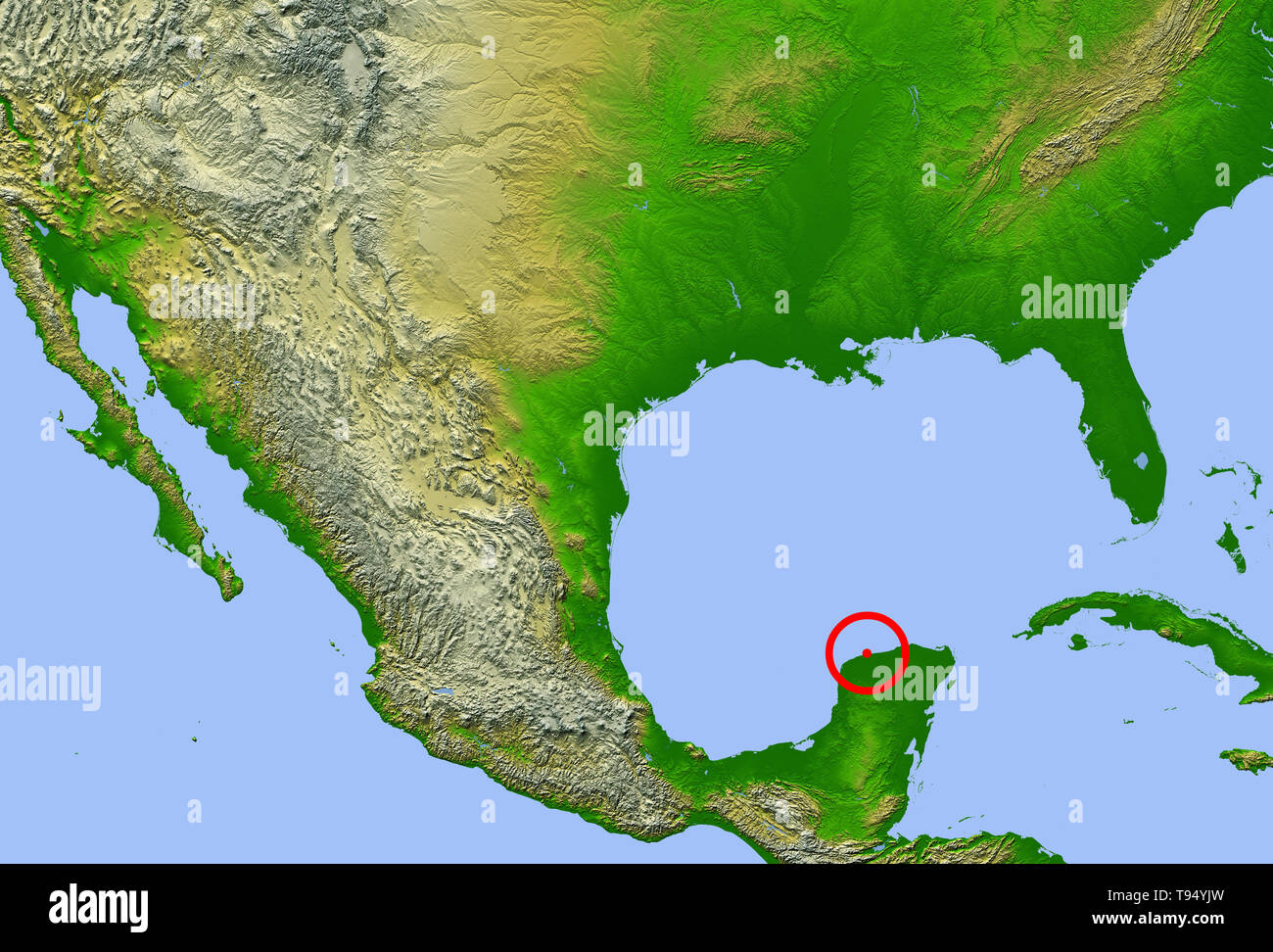 Chicxulub crater. Map showing the location of the Chicxulub impact crater (center) on the Yucatan Peninsula, Mexico. This impact may have caused the extinction of the dinosaurs and 70% of all Earth's species 65 million years ago. The four red dots represent the cities of (from left to right): Mexico City, Tempico (where material ejected from the crater has been found), Havana and Miami. Stock Photo
