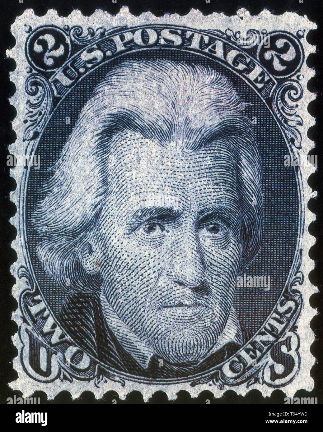 Black Jack or Blackjack was the 2¢ denomination United States postage stamp issued from July 1, 1863 to 1869, is generally referred to as the 'Black Jack' due to the large portraiture of the United States President, Andrew Jackson on its face printed in pitch black. Stock Photo